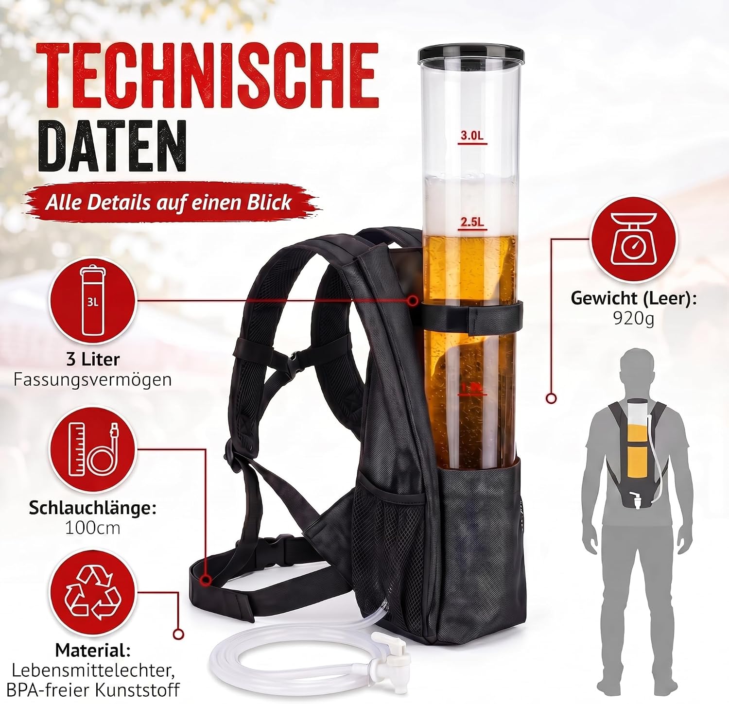 Bier-Rucksack mit Zapfsystem - 3 Liter Getränke-Rucksack für Partys