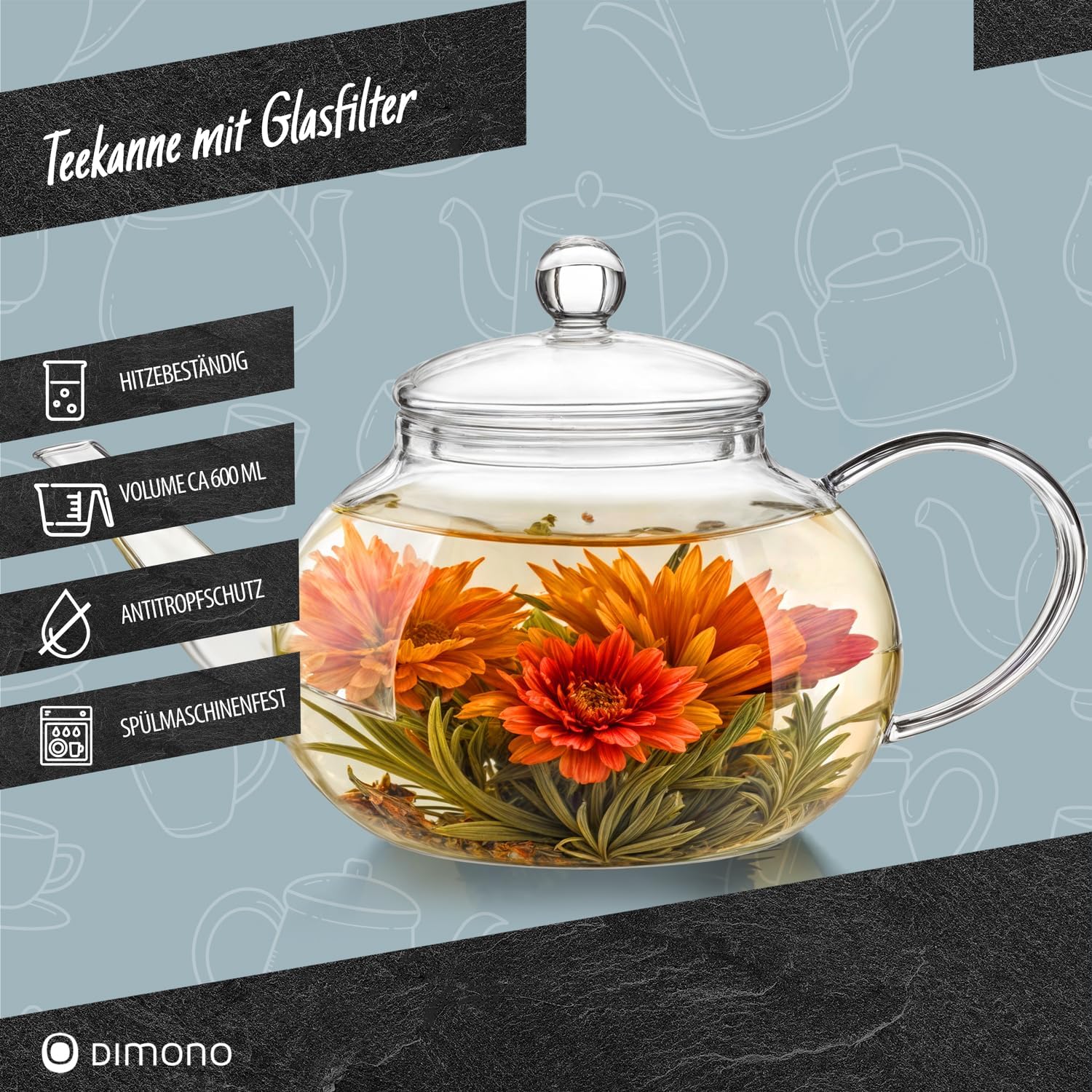 1,5L Teekanne aus Borosilikatglas - Teezubereiter mit Glasfilter