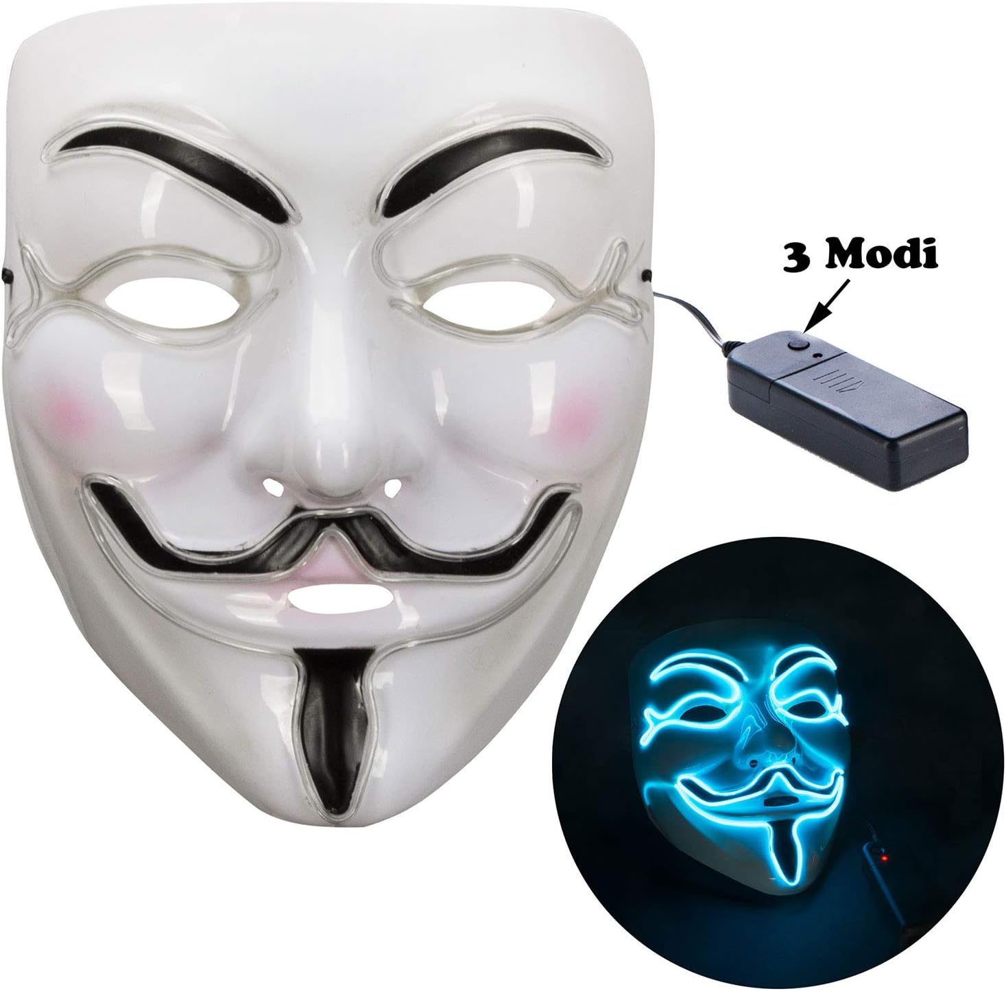 LED Anonymous Maske - Leuchtende Guy Fawkes V für Vendetta Maske