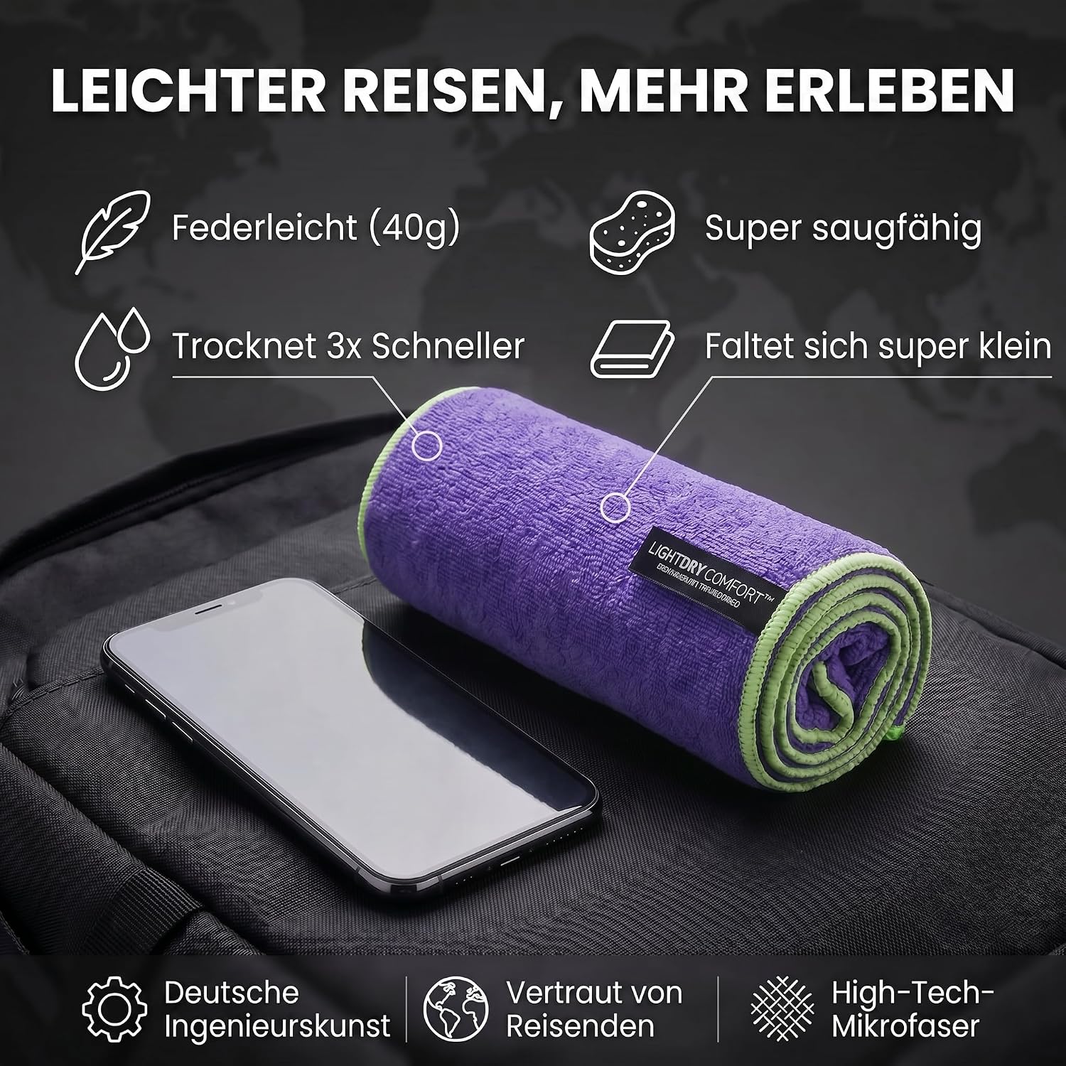 Mikrofaser Reisehandtuch 80x40 cm - Schnelltrocknend & Kompakt Lila