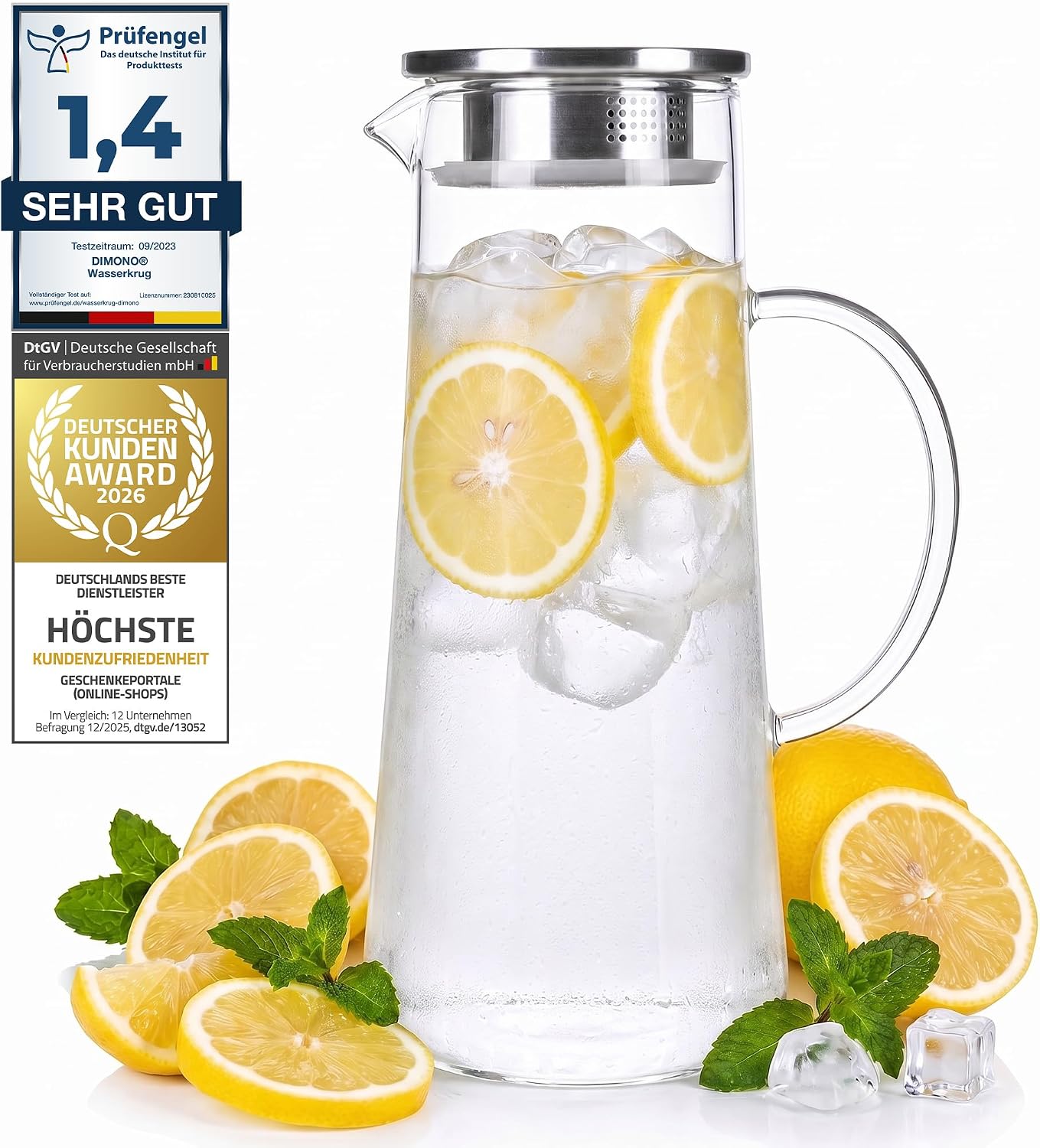 Dimono Glaskrug 1,5L mit Edelstahl-Filter – Hitzebeständige Karaffe