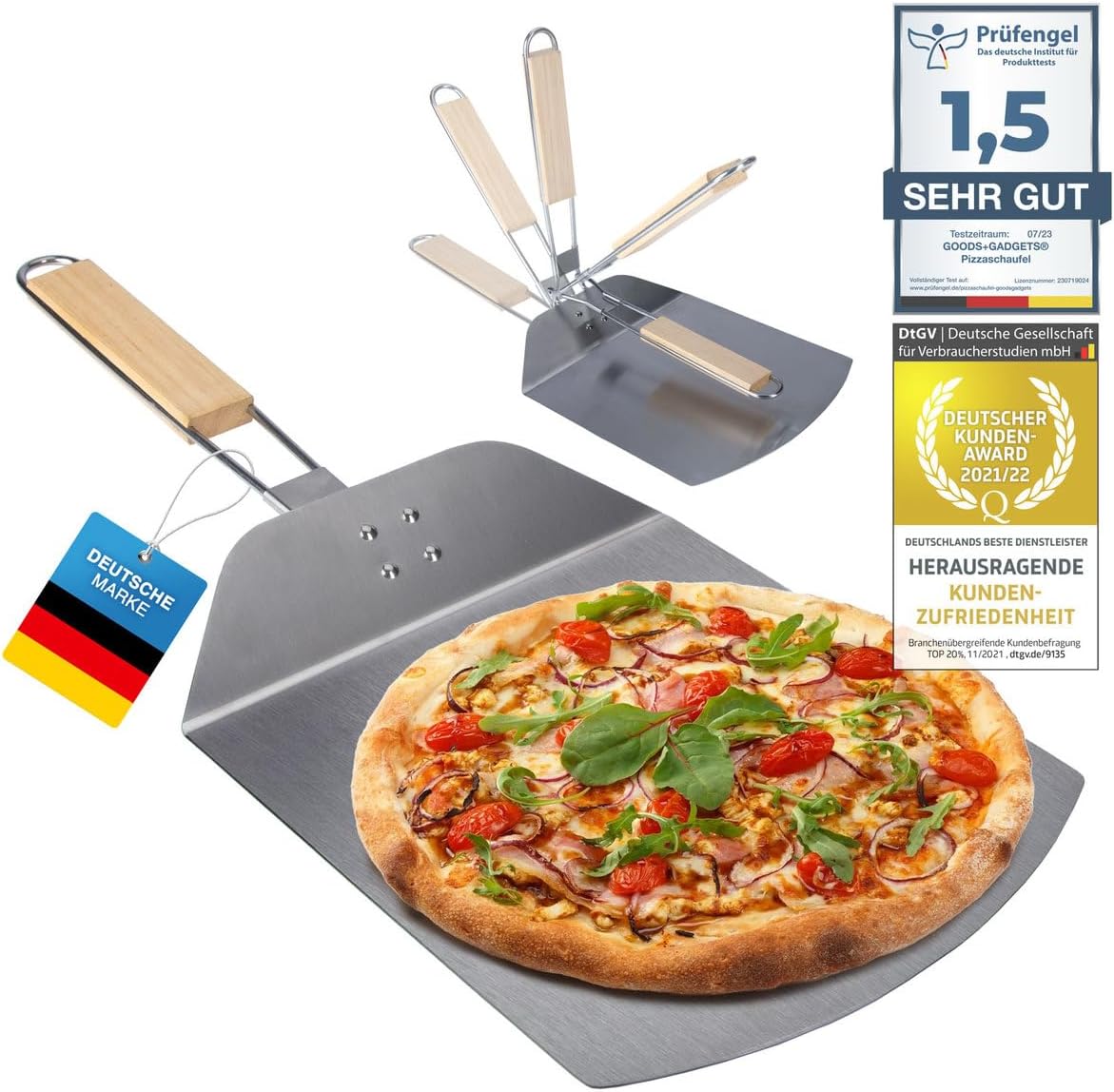 Klappbare Pizzaschaufel mit Holzgriff & Aluminium-Schaufel