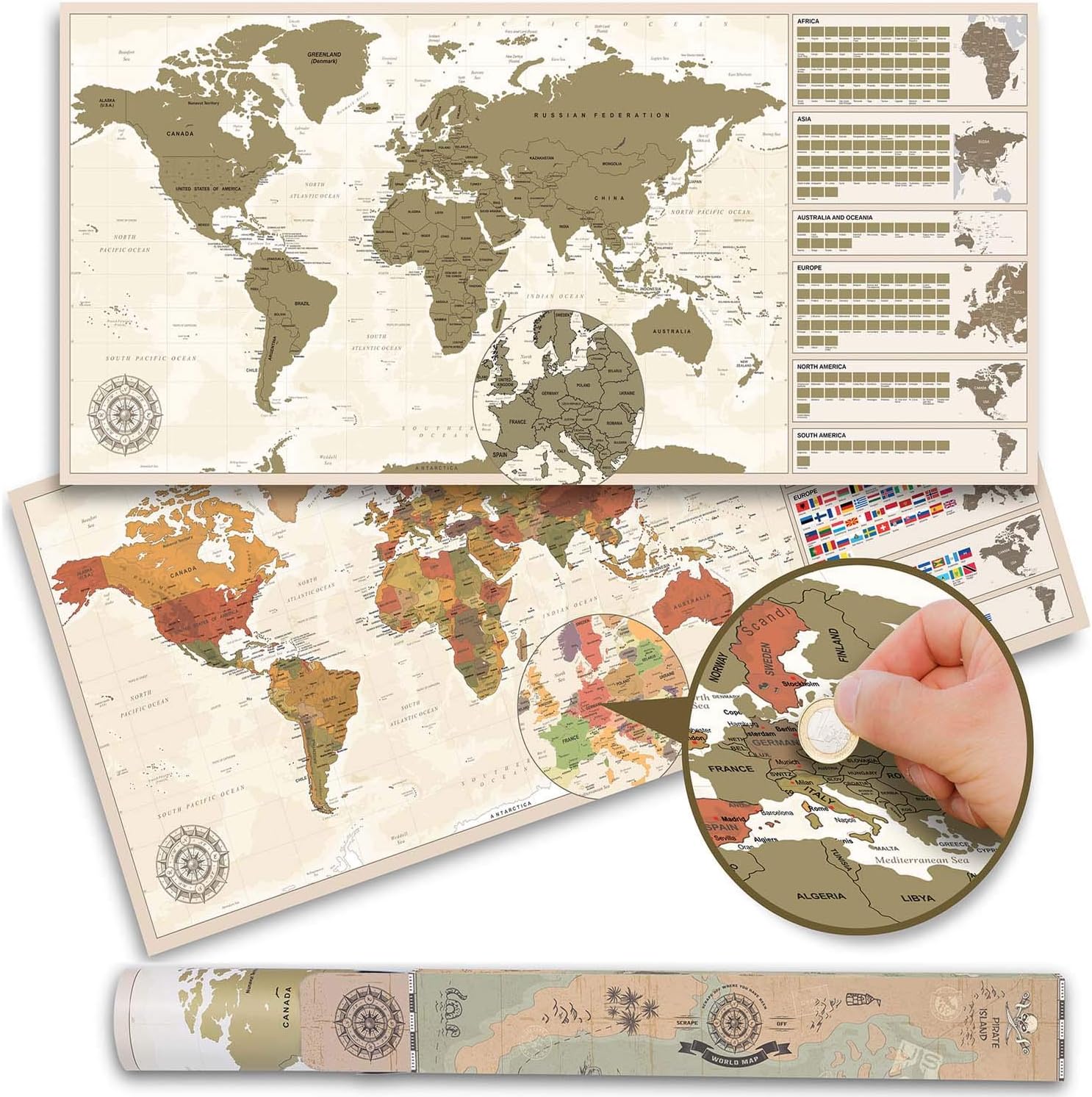 Weltkarte zum Rubbeln im Antik-Stil – Scratch-Off World Map