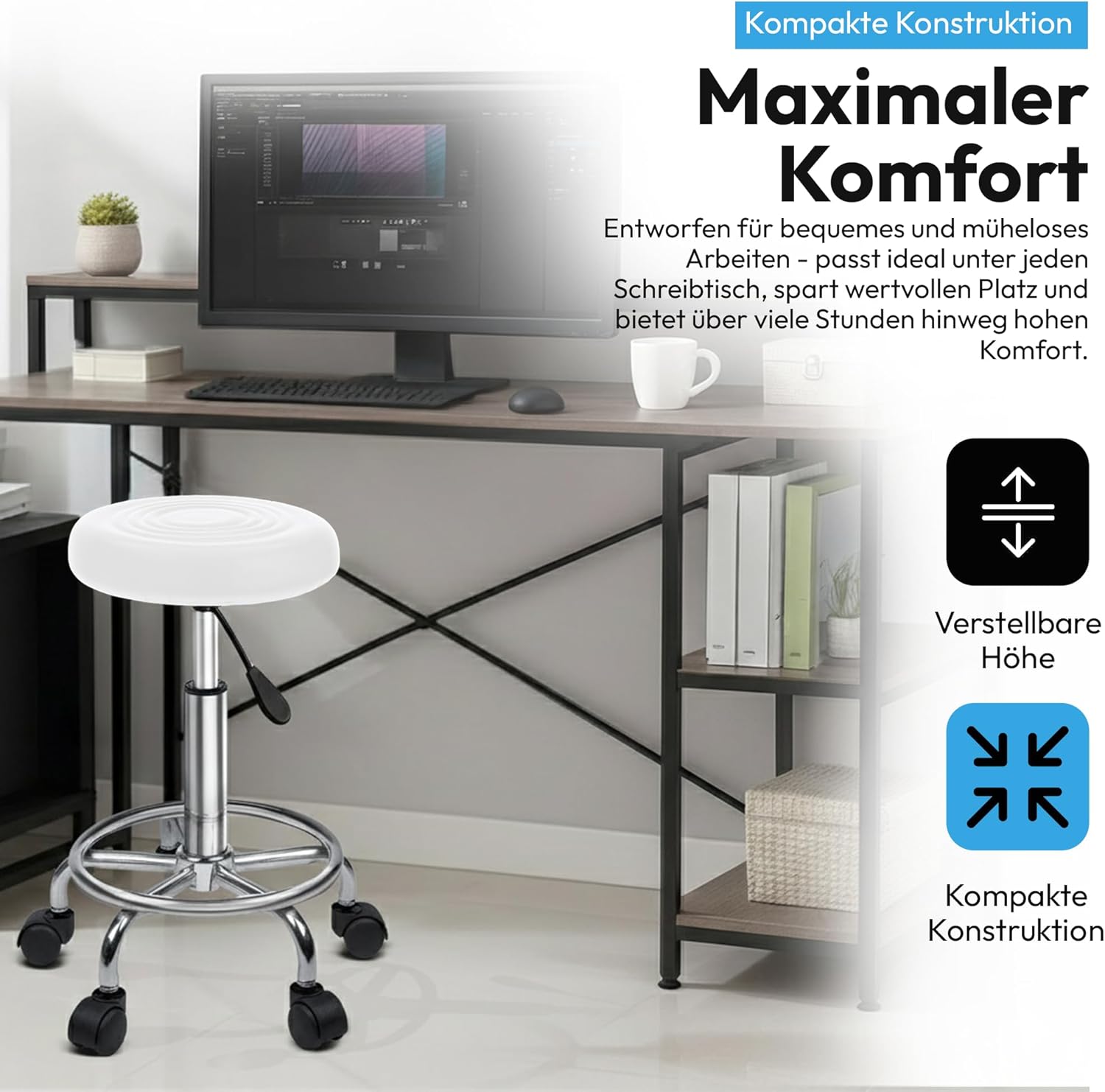 Ergonomischer Rollhocker - Drehbarer Arbeitshocker für Büro & Praxis