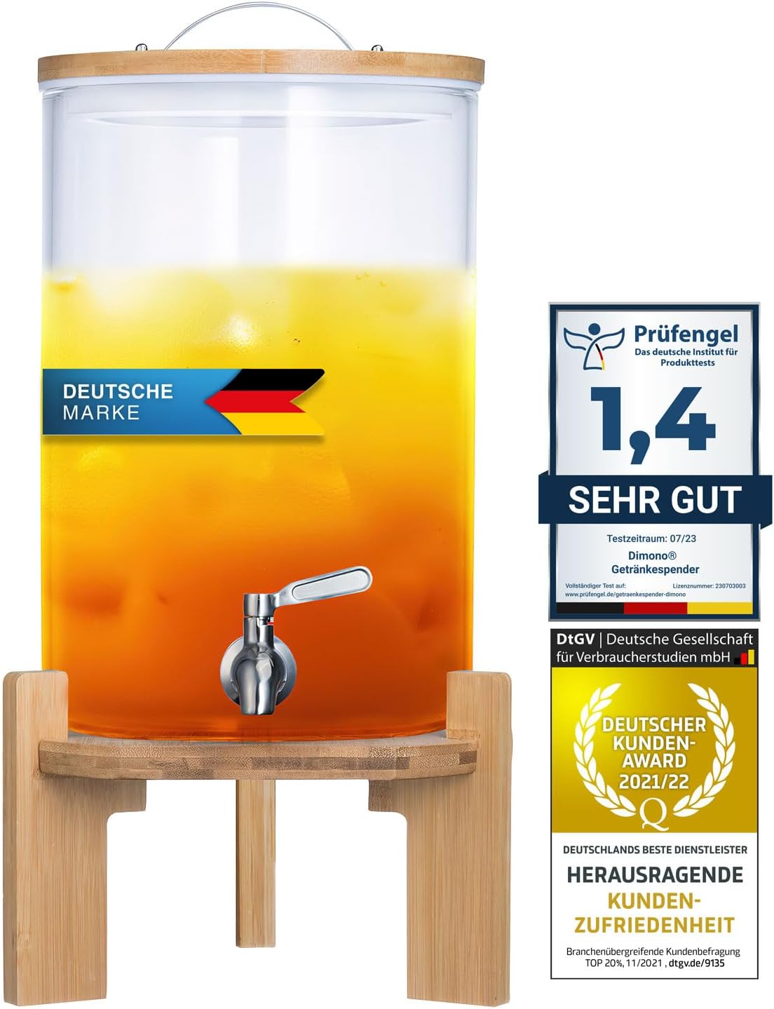 Designer Getränkespender mit Zapfhahn & Bambusgestell 5L & 8L