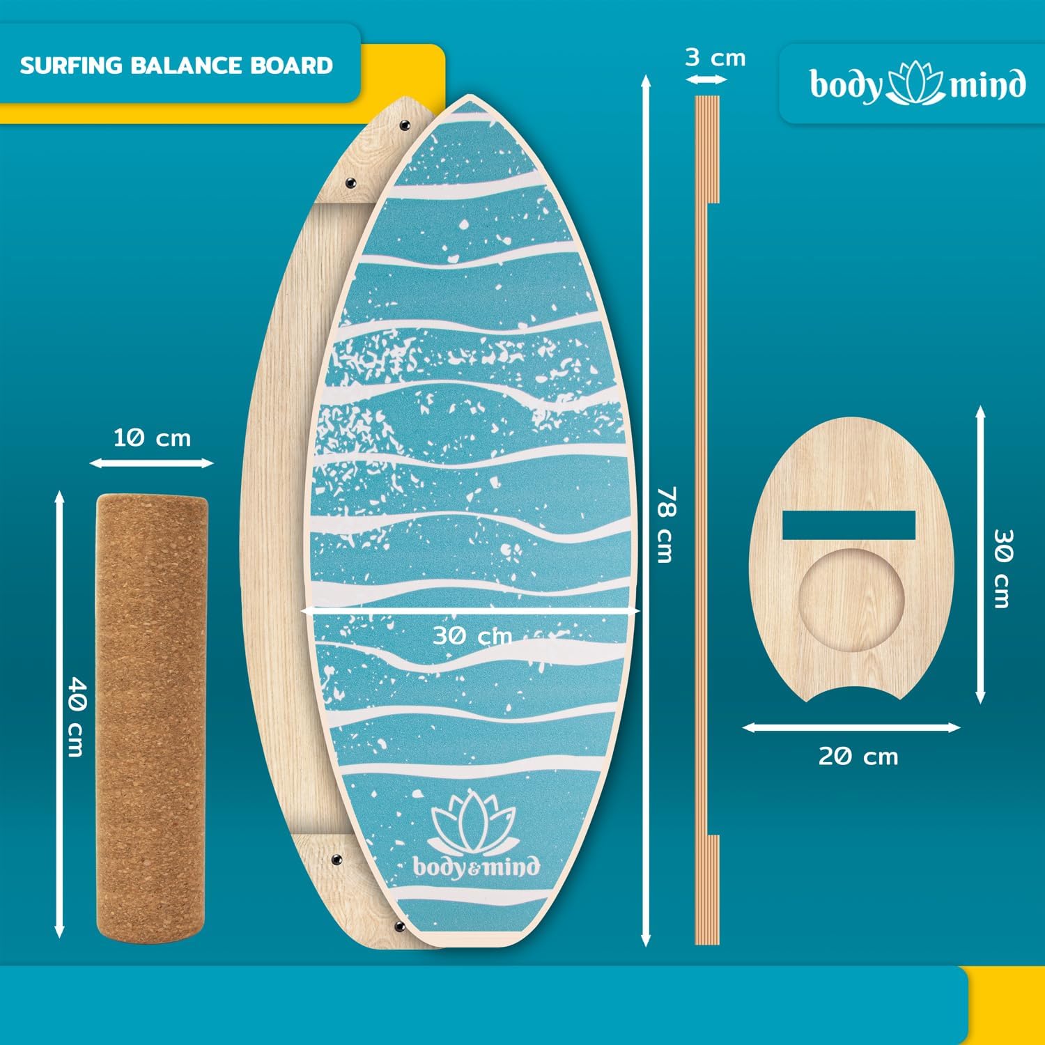 Balance-Board Surfbrett mit Korkrolle & Ständer – Fitness Board 80 cm