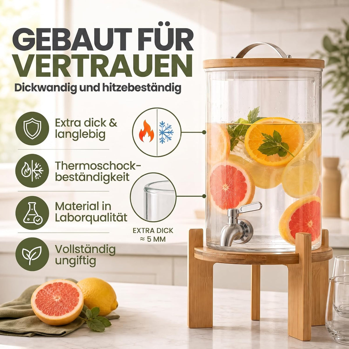 Designer Getränkespender mit Zapfhahn & Bambusgestell 5L & 8L