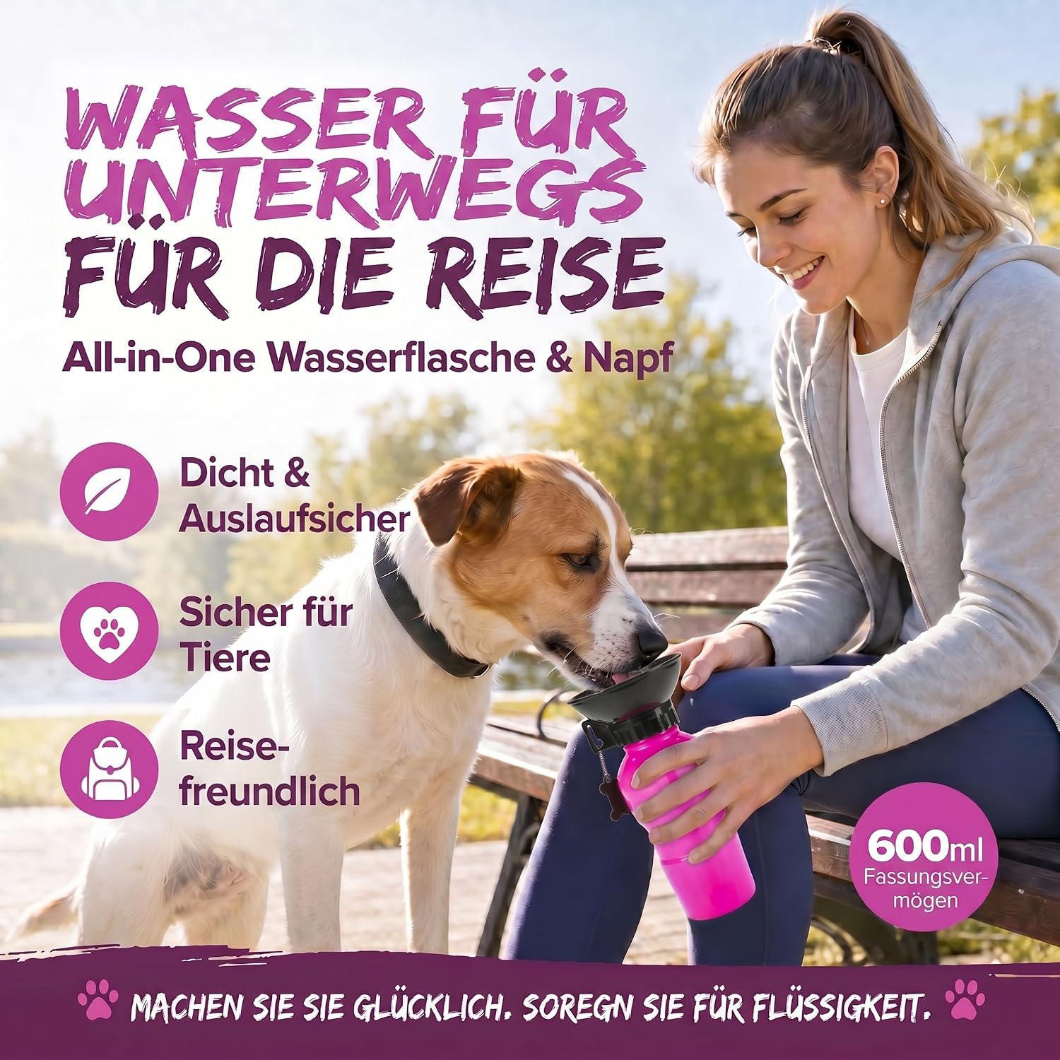 Hunde-Trinkflasche 600ml mit Napf – Auslaufsicher für Unterwegs