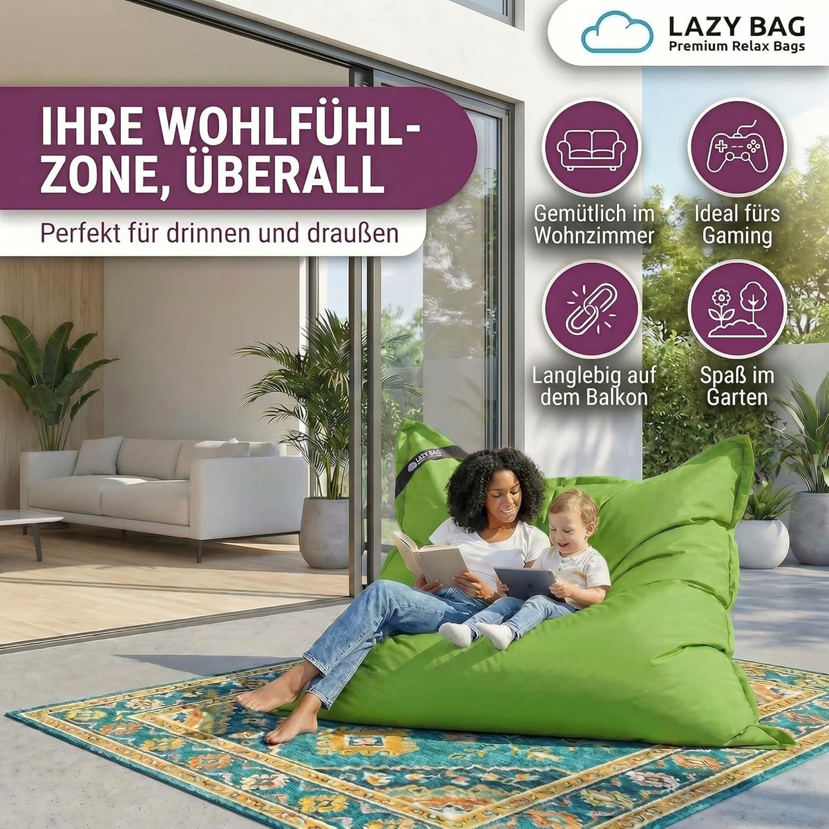 LazyBag Outdoor Sitzsack Junior – Wasserfestes Sitzkissen für Kinder #Farbe_Grün