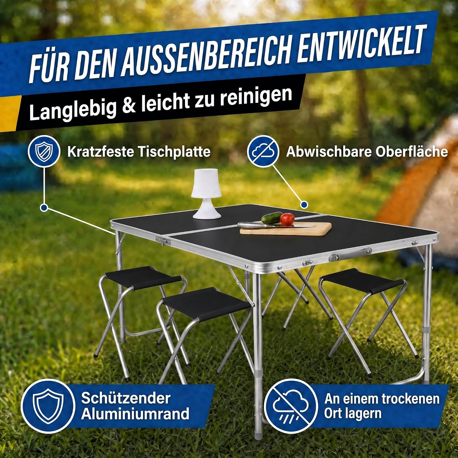 Klappbarer Campingtisch 120x60cm inkl. 4 Hocker für Outdoor