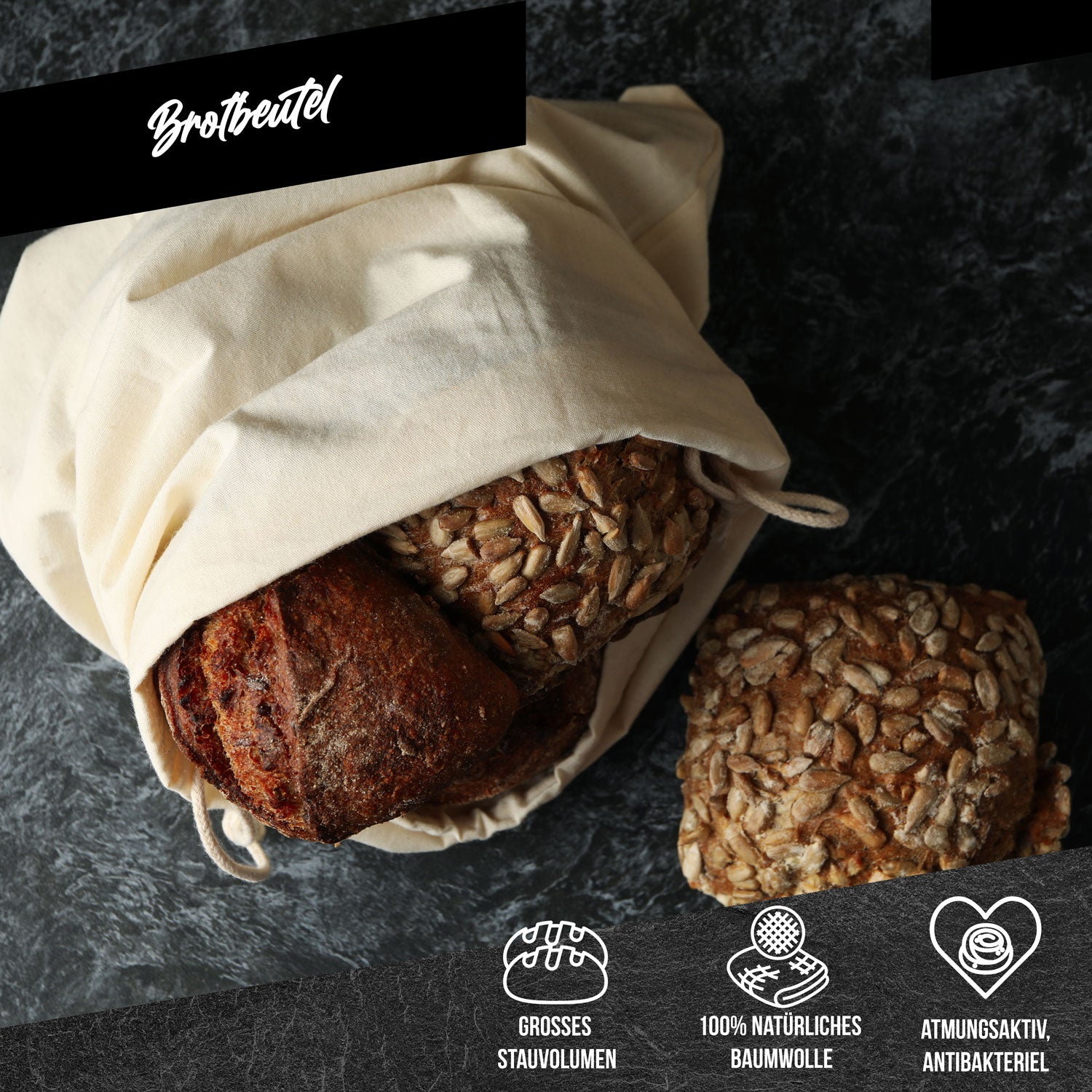 3er Set Brotbeutel aus 100% Baumwolle Obst & Gemüsebeutel in 3 Größen