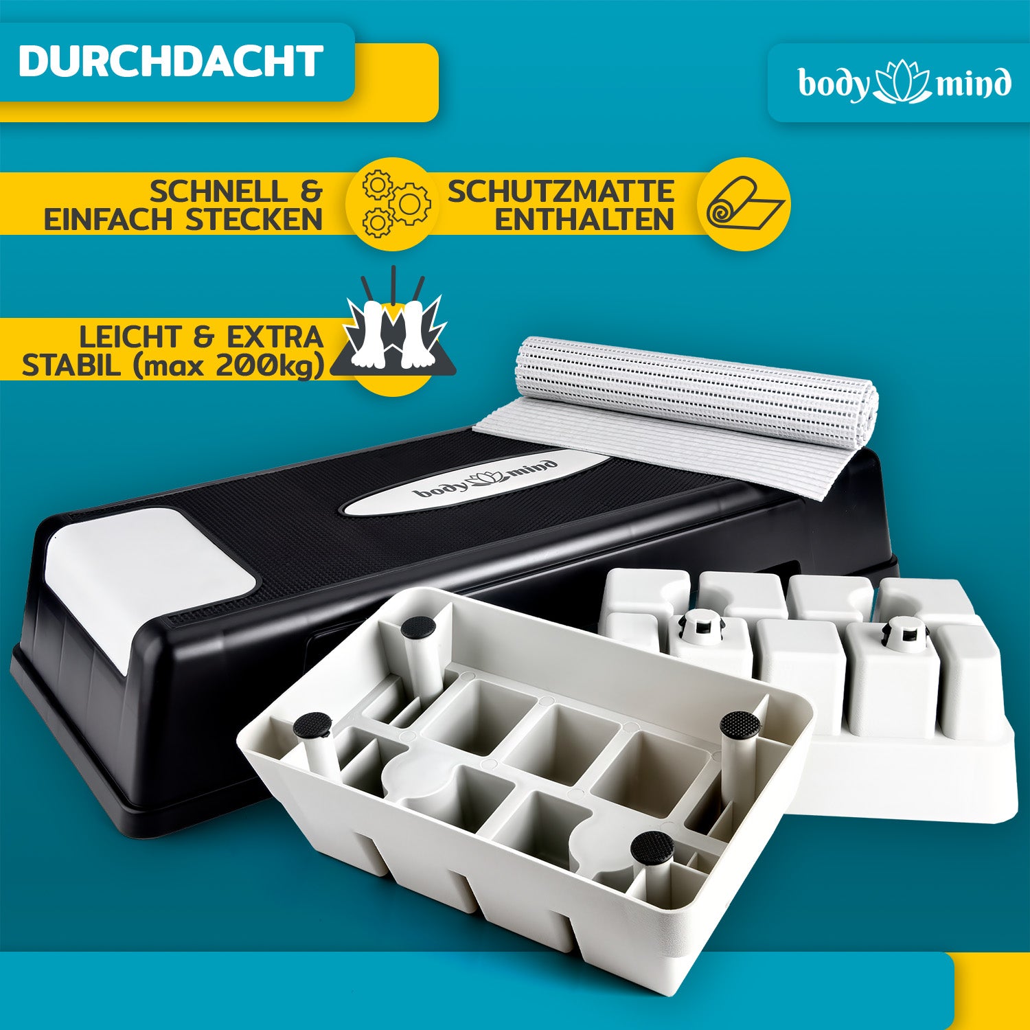 Aerobic Stepper - 3 Stufen Fitness Steppbrett mit Anti-Rutsch-Matte