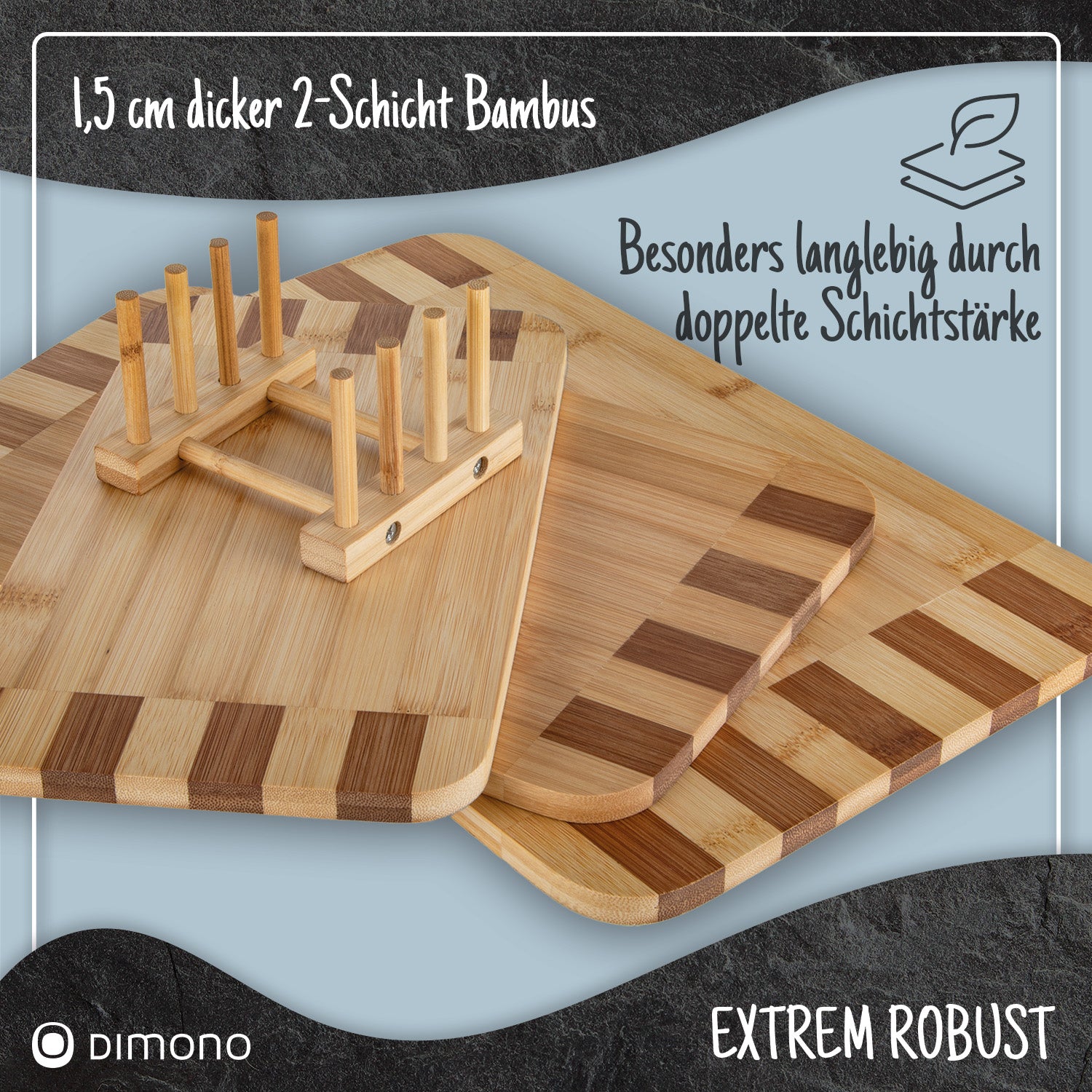 Schneidebrett aus Bambus - 3er Set Dimono Küchenbretter mit Ständer