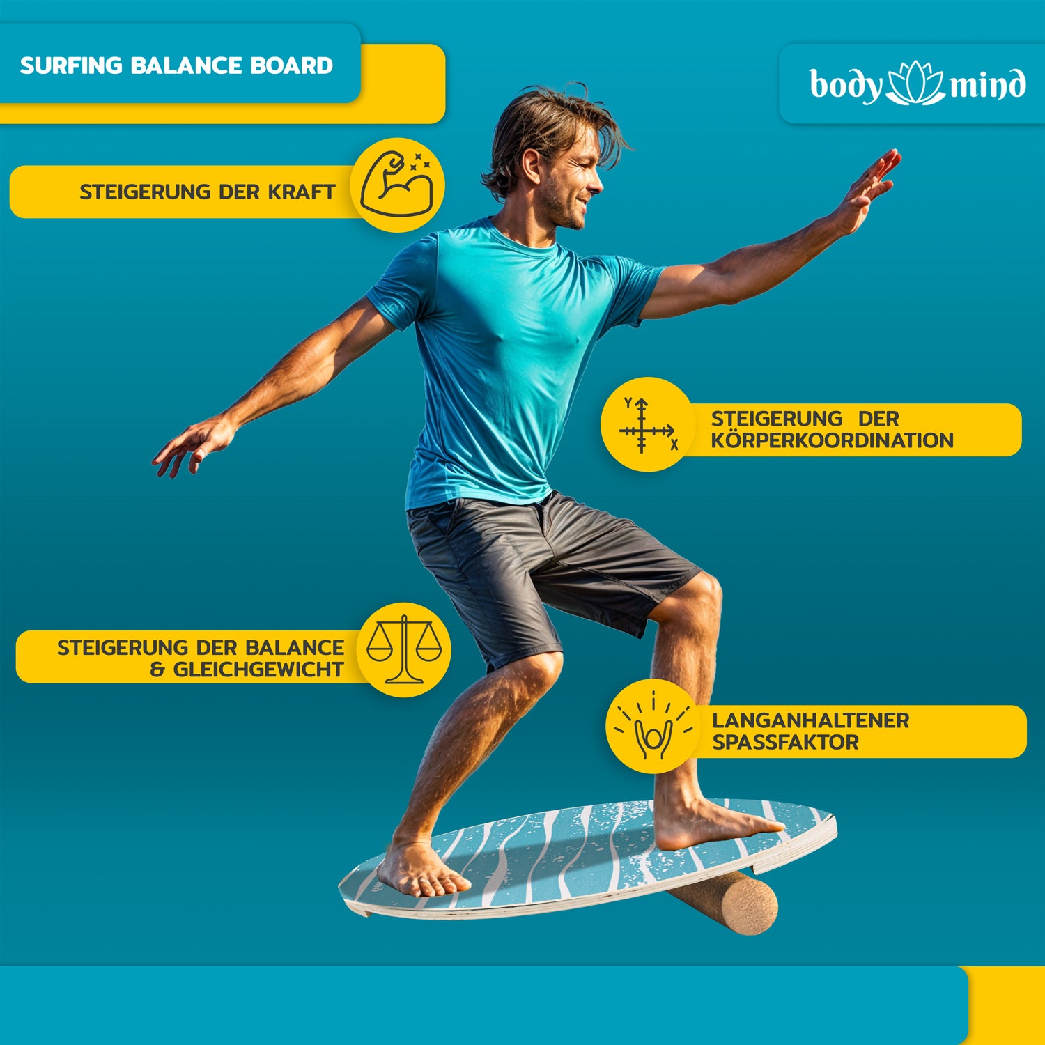 Balance-Board Surfbrett - Balance-Board mit Korkrolle & Ständer