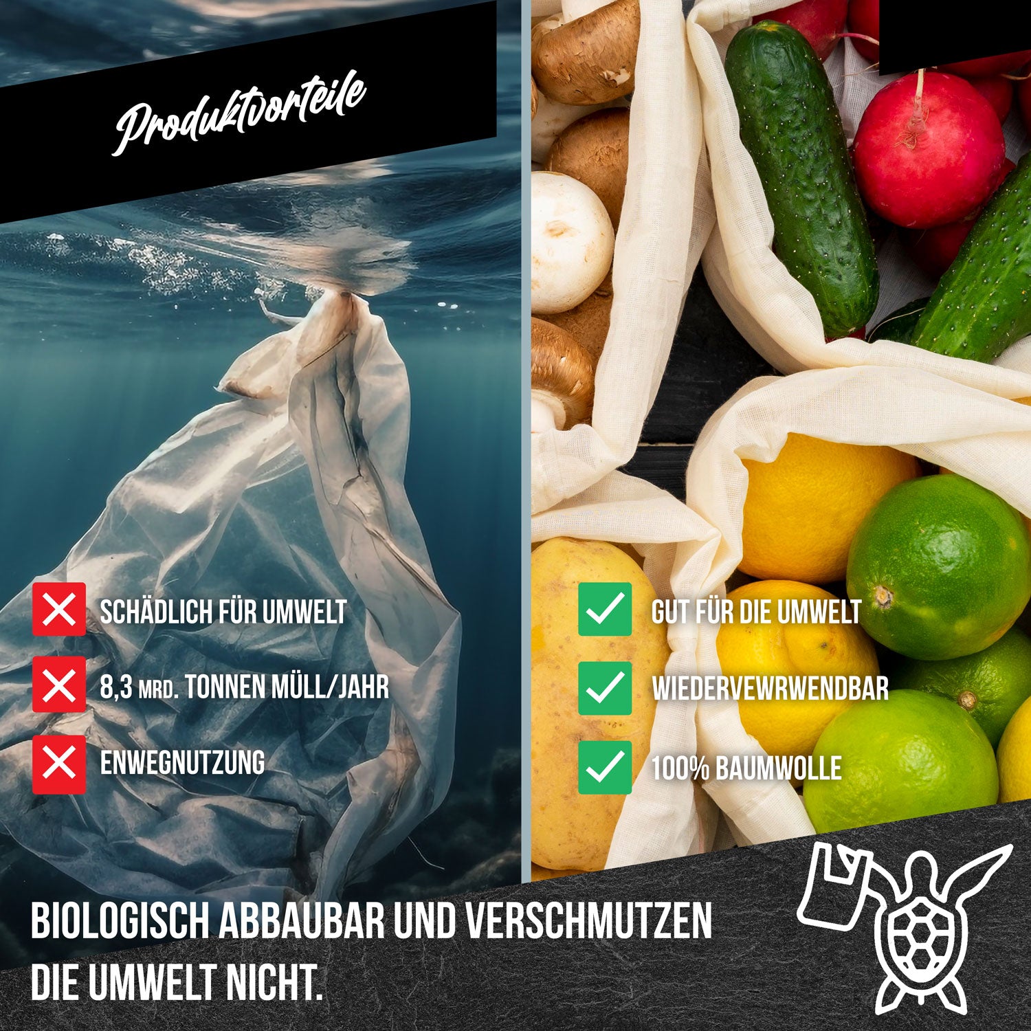 3er Set Brotbeutel aus 100% Baumwolle Obst & Gemüsebeutel in 3 Größen