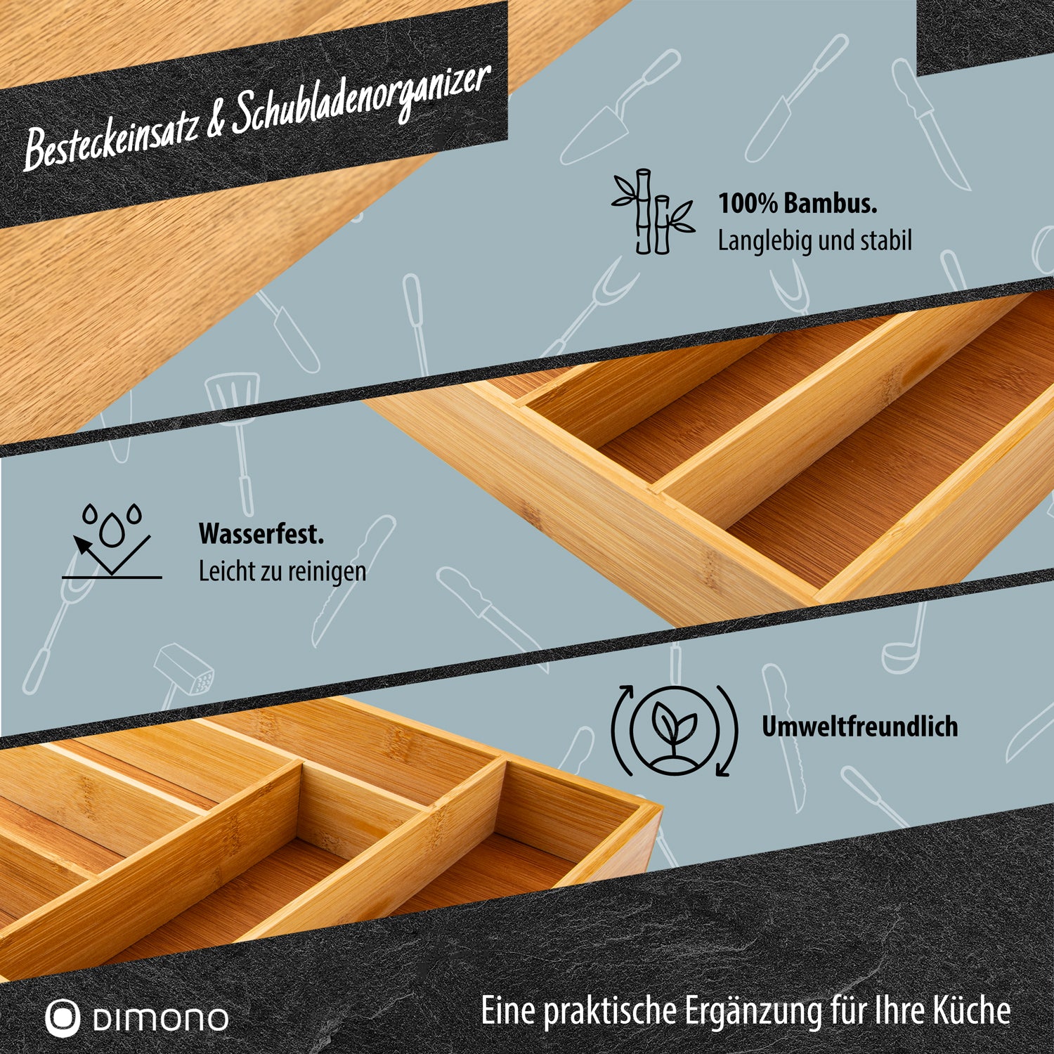Holz Besteckeinsatz - Schubladeneinsatz Besteckkasten aus Bambus