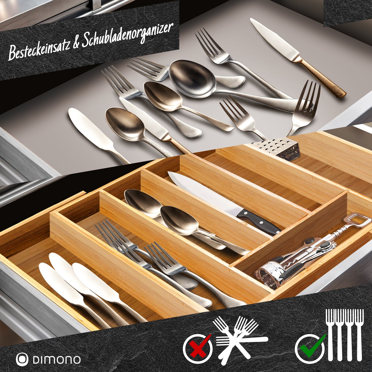 Holz Besteckeinsatz - Schubladeneinsatz Besteckkasten aus Bambus