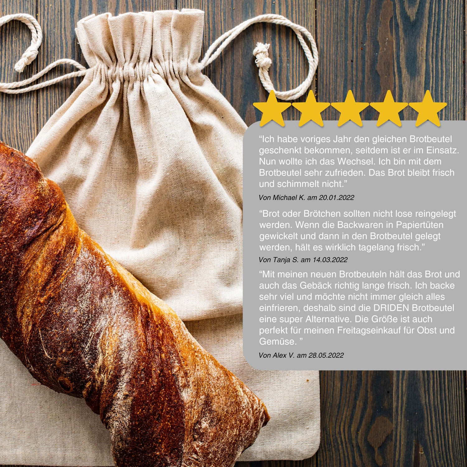 3er Set Brotbeutel aus 100% Baumwolle Obst & Gemüsebeutel in 3 Größen