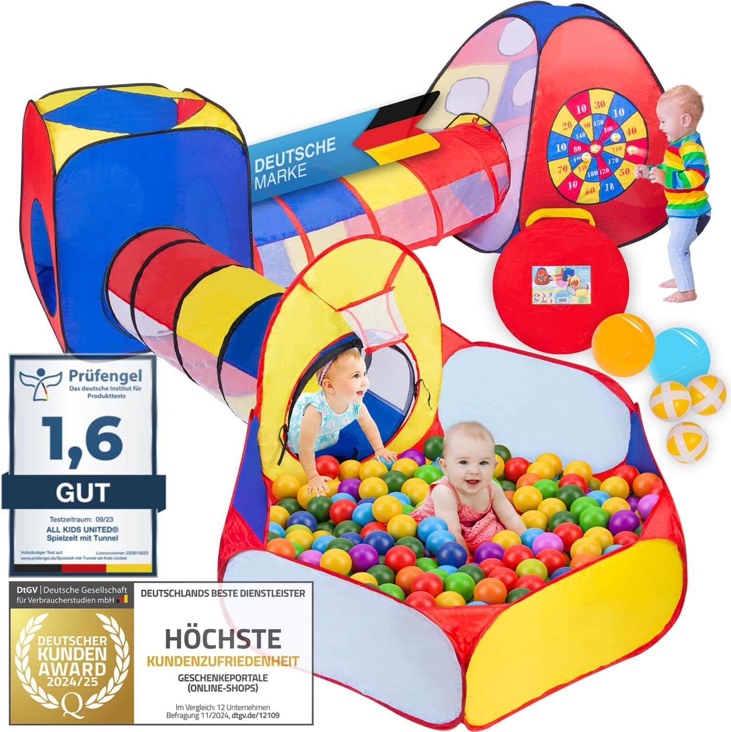 Spielzelt für Kinder mit Tunnel & Bällebad – 5-tlg. Pop-Up Zelt