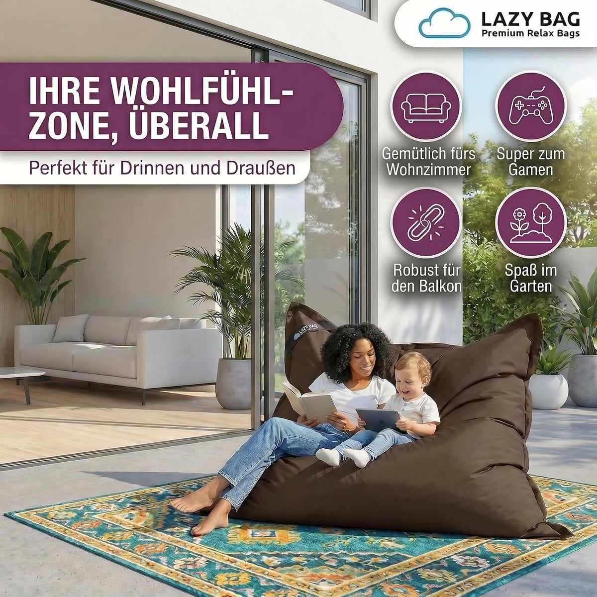 LazyBag Outdoor Sitzsack Junior – Wasserfestes Sitzkissen für Kinder #Farbe_Braun
