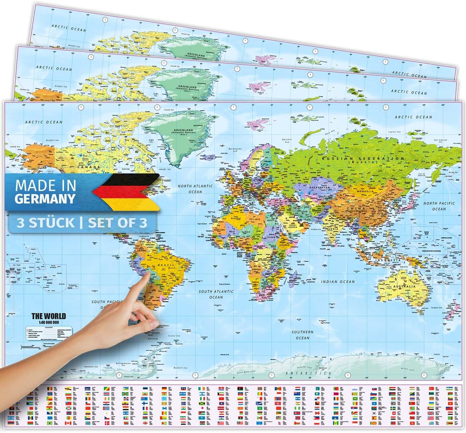 Weltkarte XXL Poster 140x100 cm – Detaillierte Landkarte mit Flaggen