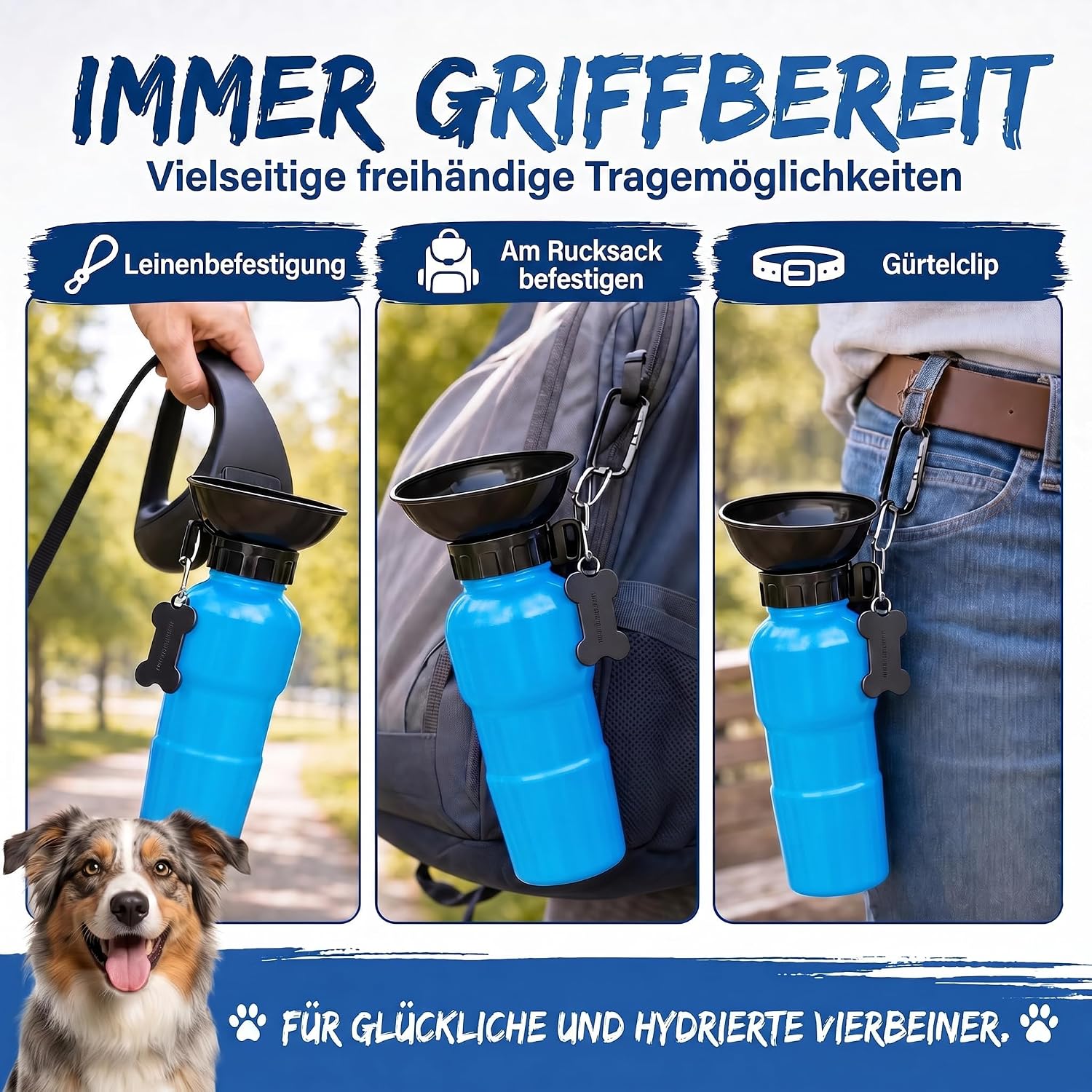 Hunde-Trinkflasche 600ml mit Napf – Auslaufsicher für Unterwegs