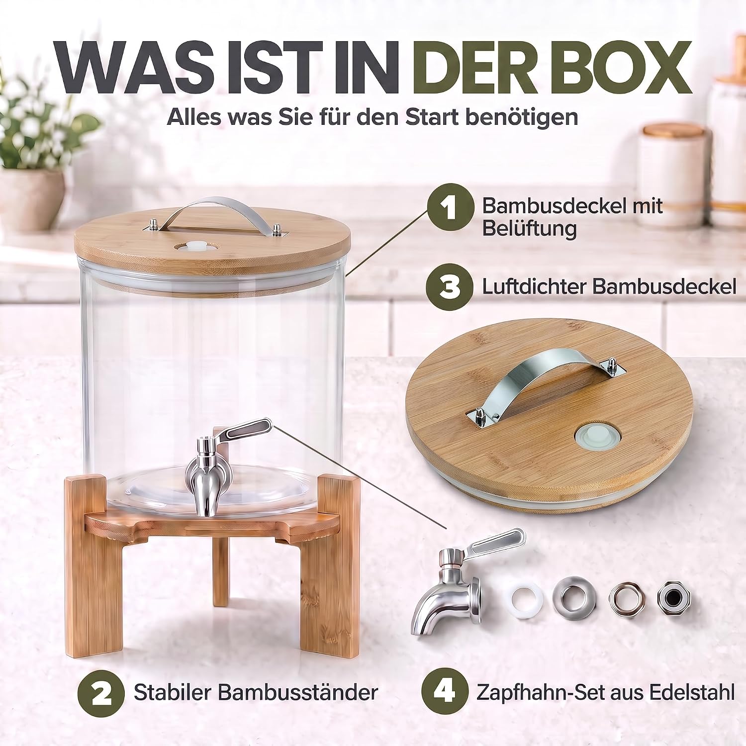 Designer Getränkespender mit Zapfhahn & Bambusgestell 5L & 8L
