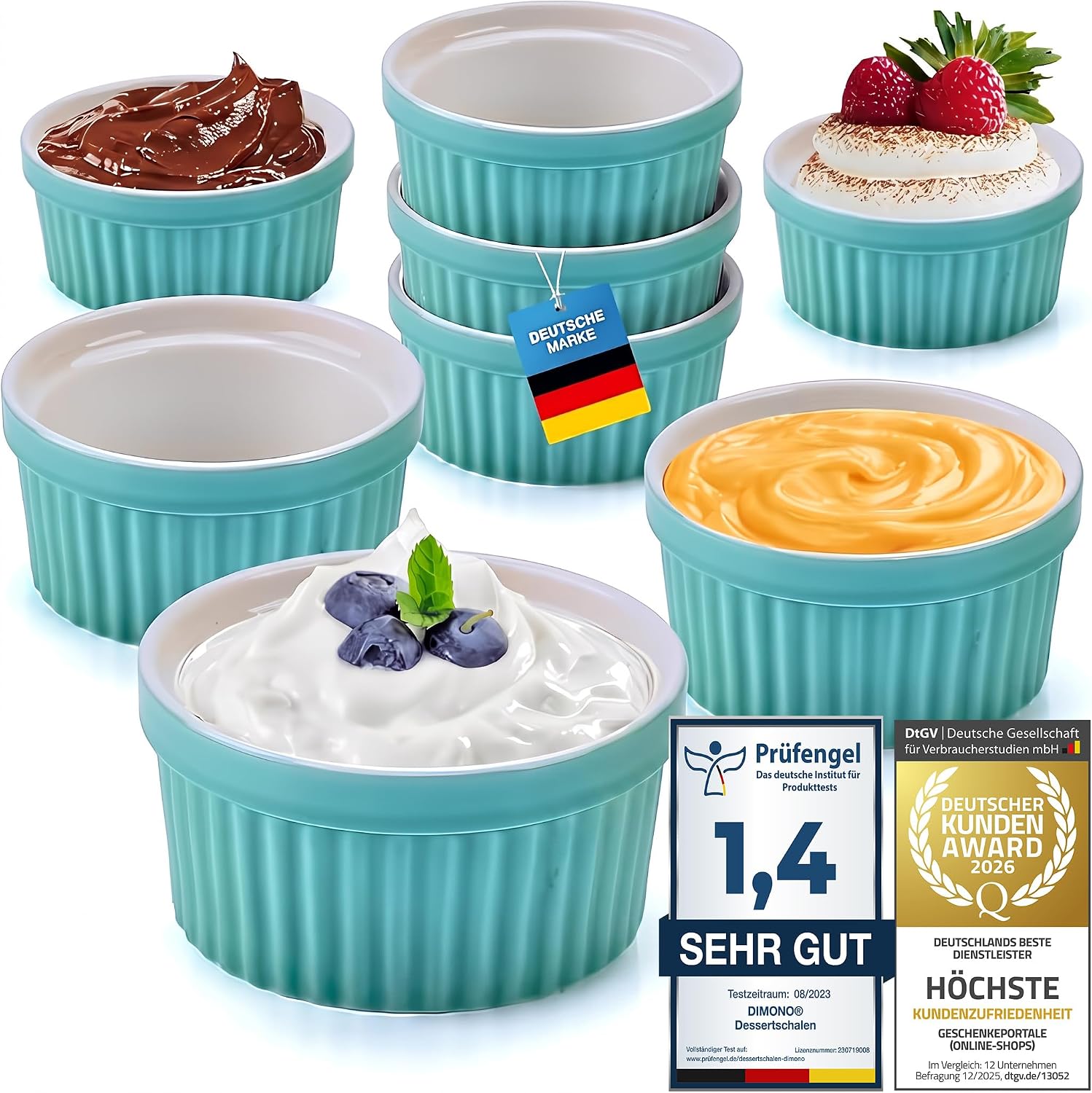 8er Set Dessertschalen & Creme-Brulée-Förmchen aus Keramik Weiß