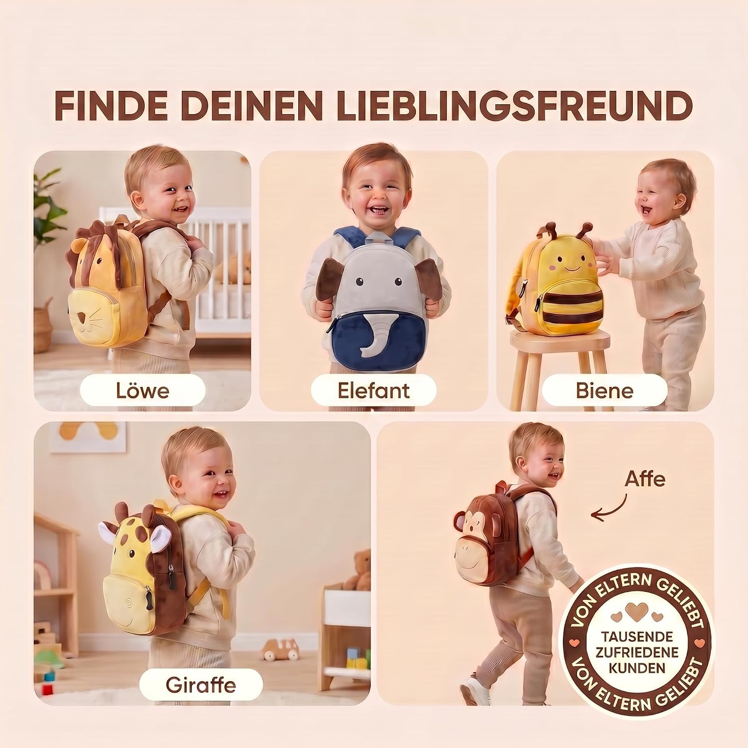 Tier-Kinderrucksack mit Sicherheitsleine für Kleinkinder