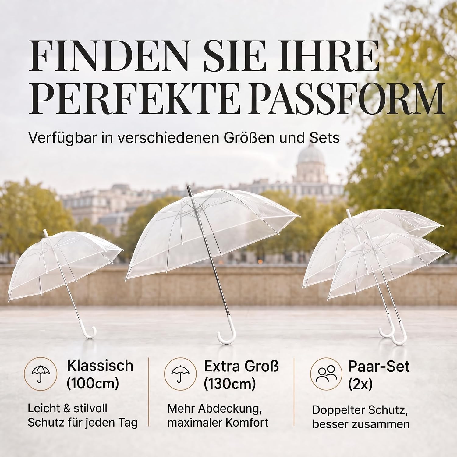 Transparenter Regenschirm 100cm - Durchsichtiger Stockschirm Elegant