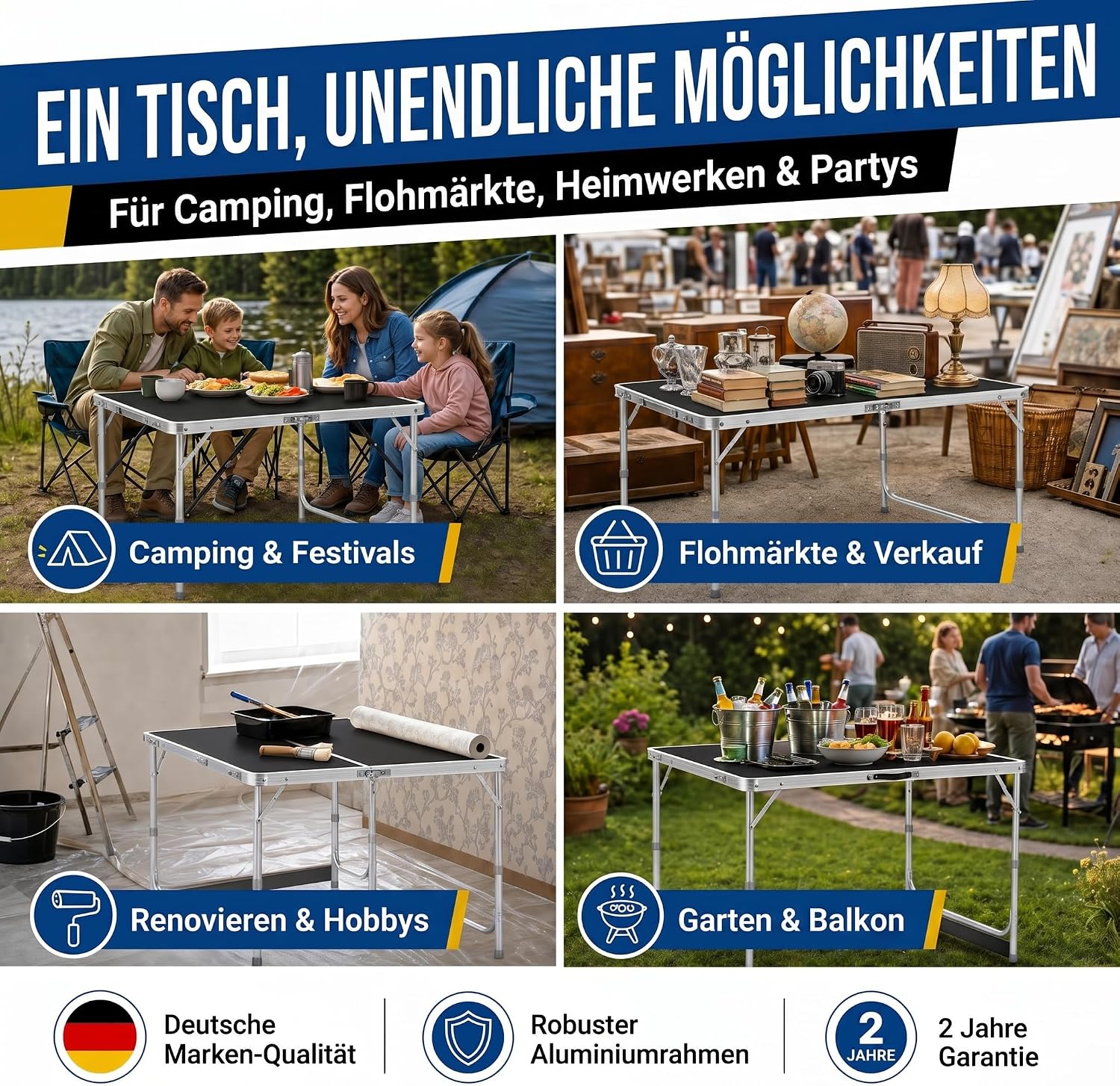 Klapptisch 120x60cm - Höhenverstellbarer Campingtisch Faltbar
