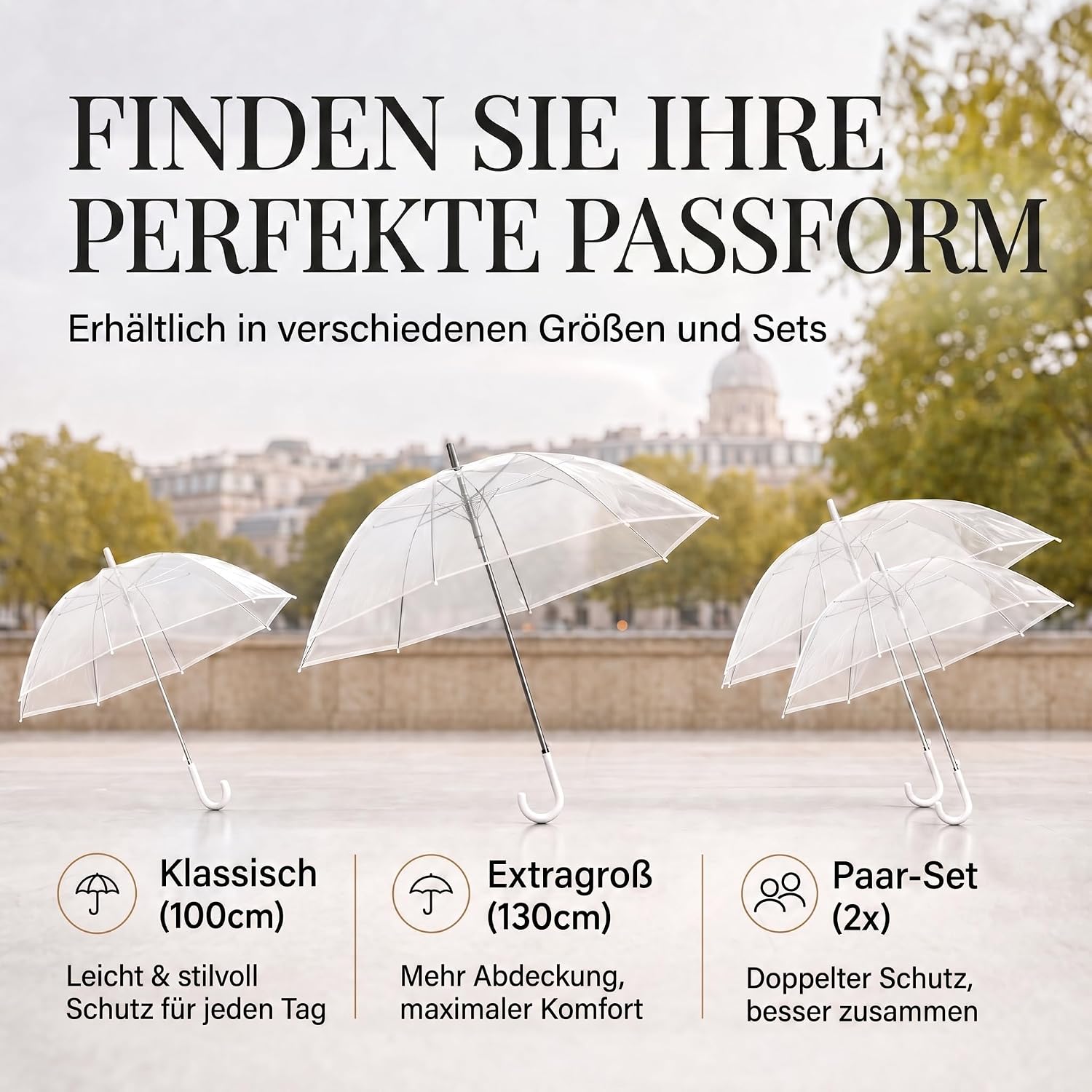 Transparenter Regenschirm 100cm - Durchsichtiger Stockschirm Elegant