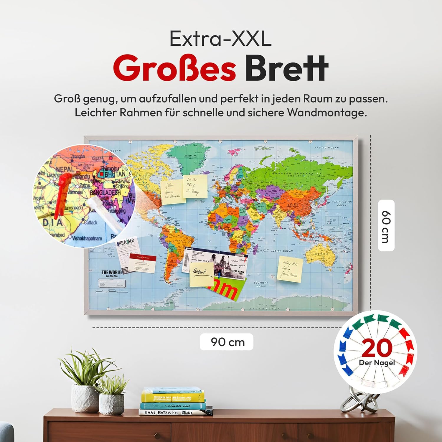 Weltkarte Pinnwand 90x60 cm Kork - Memoboard mit Markierungsfähnchen