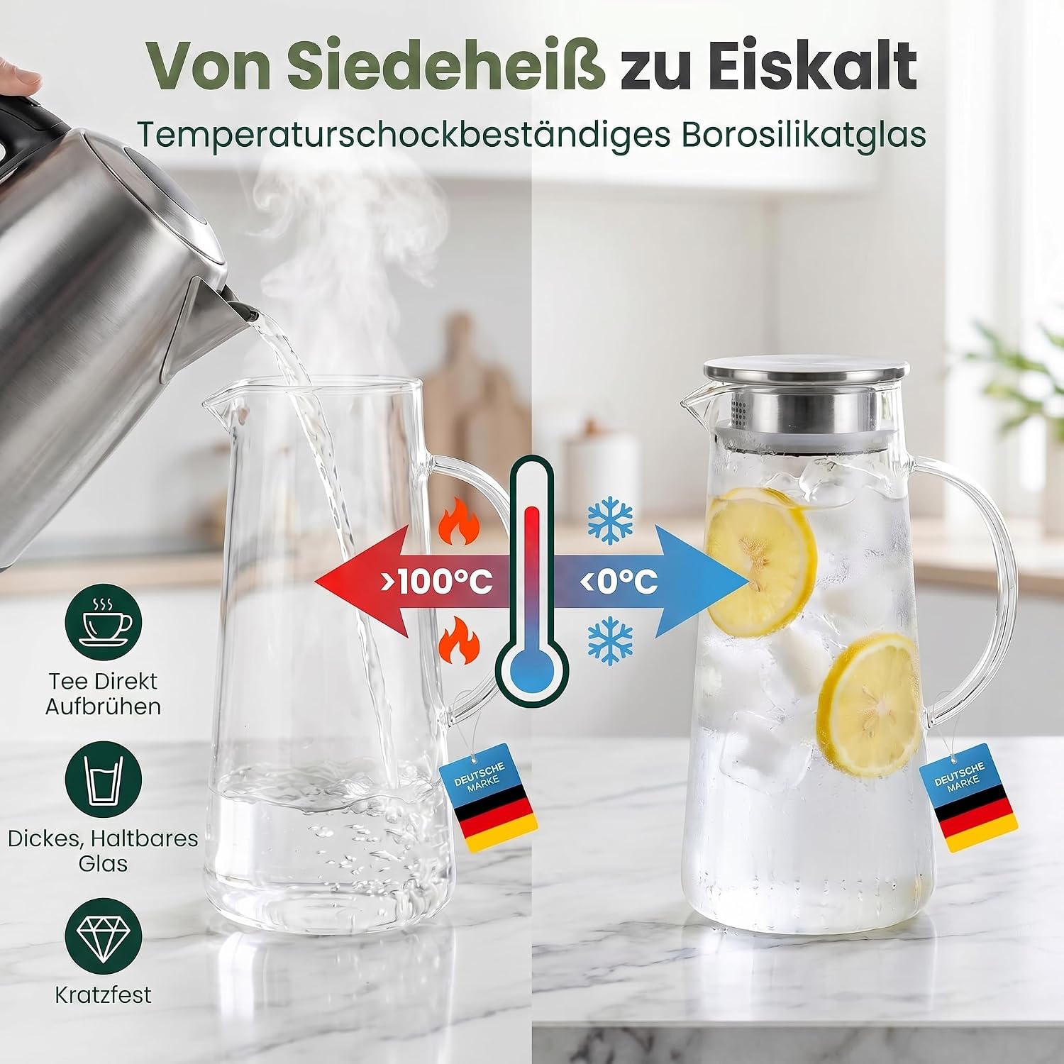 Dimono Glaskrug 1,5L mit Edelstahl-Filter – Hitzebeständige Karaffe