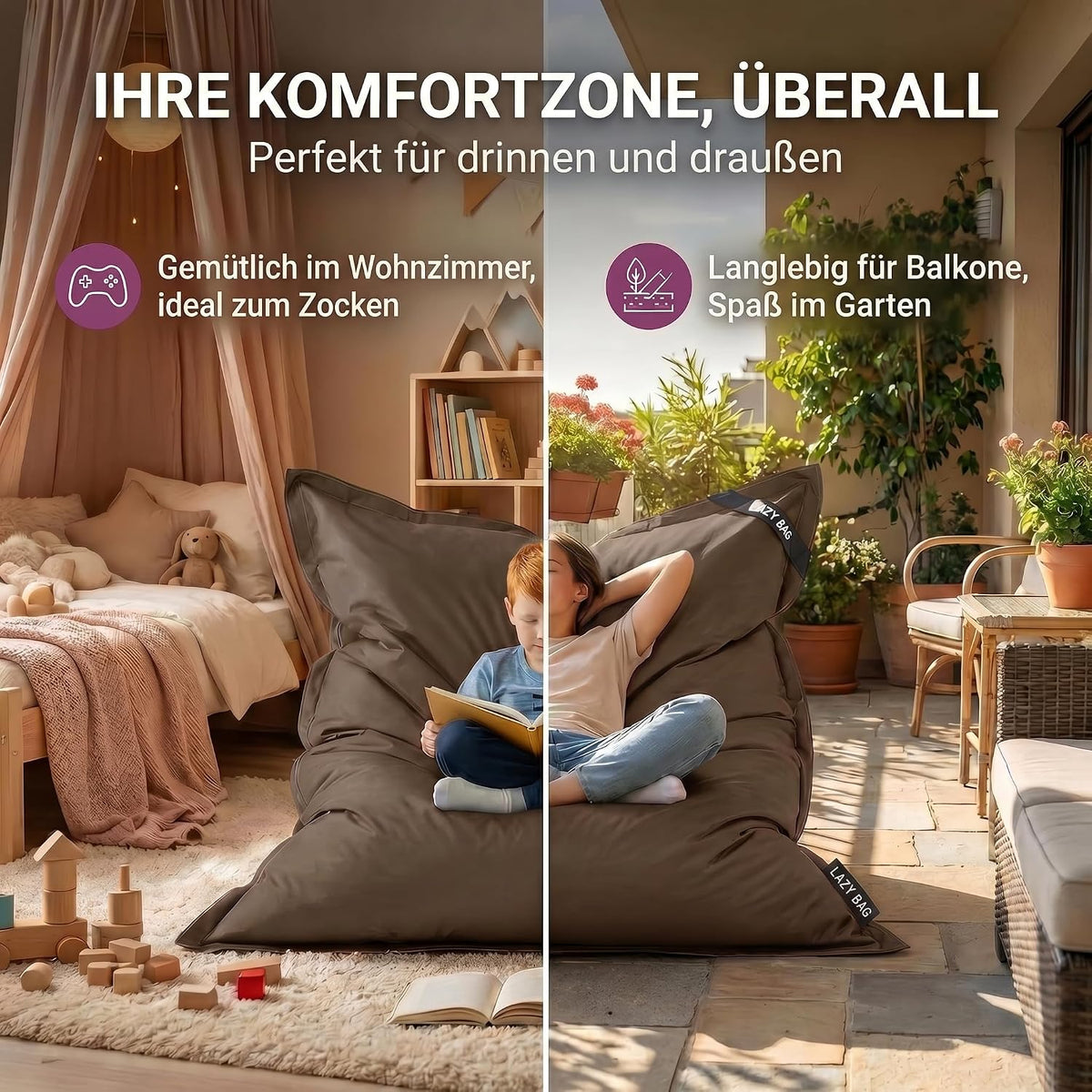 LazyBag Outdoor Sitzsack Junior – Wasserfestes Sitzkissen für Kinder #Farbe_Braun