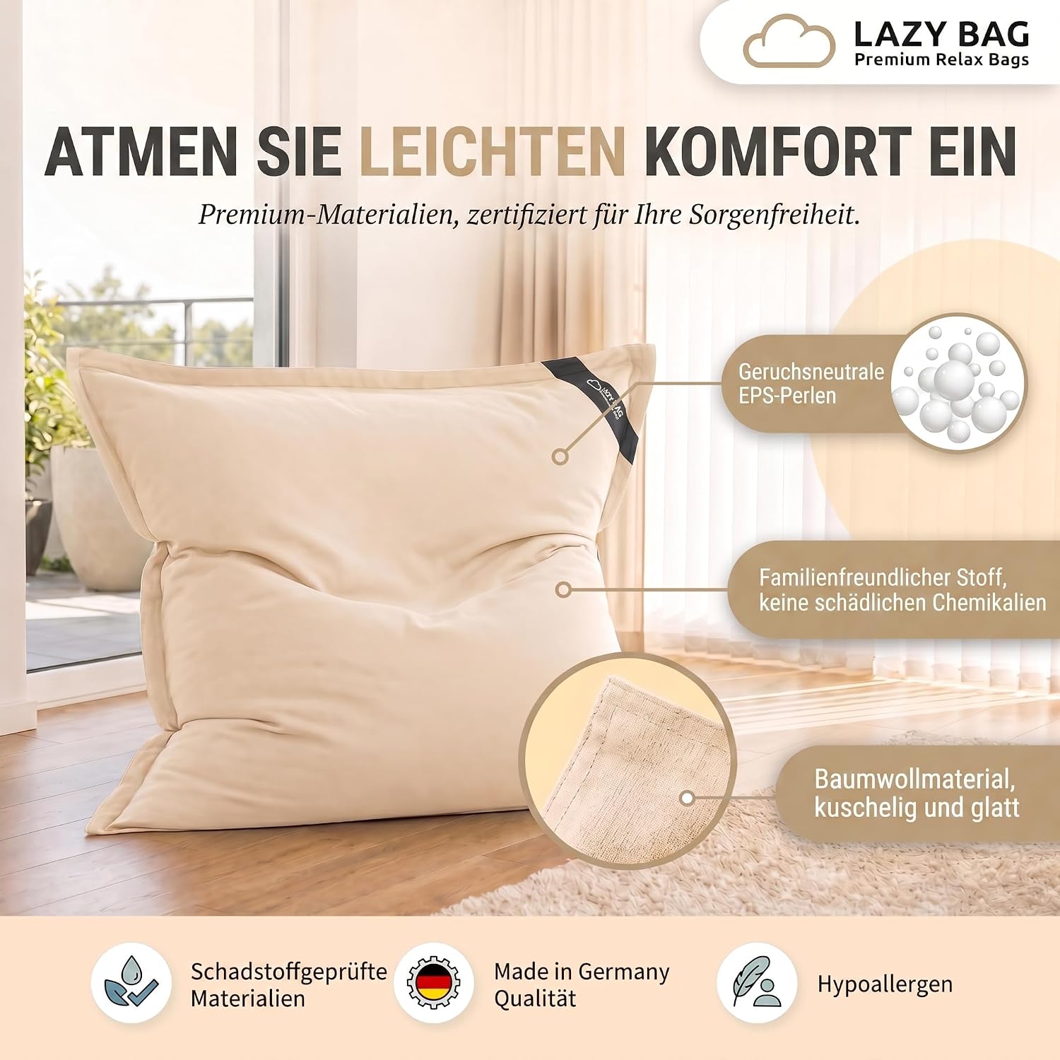 LazyBag XXL Sitzsack 180x140 cm aus Baumwolle – 400L Komfort