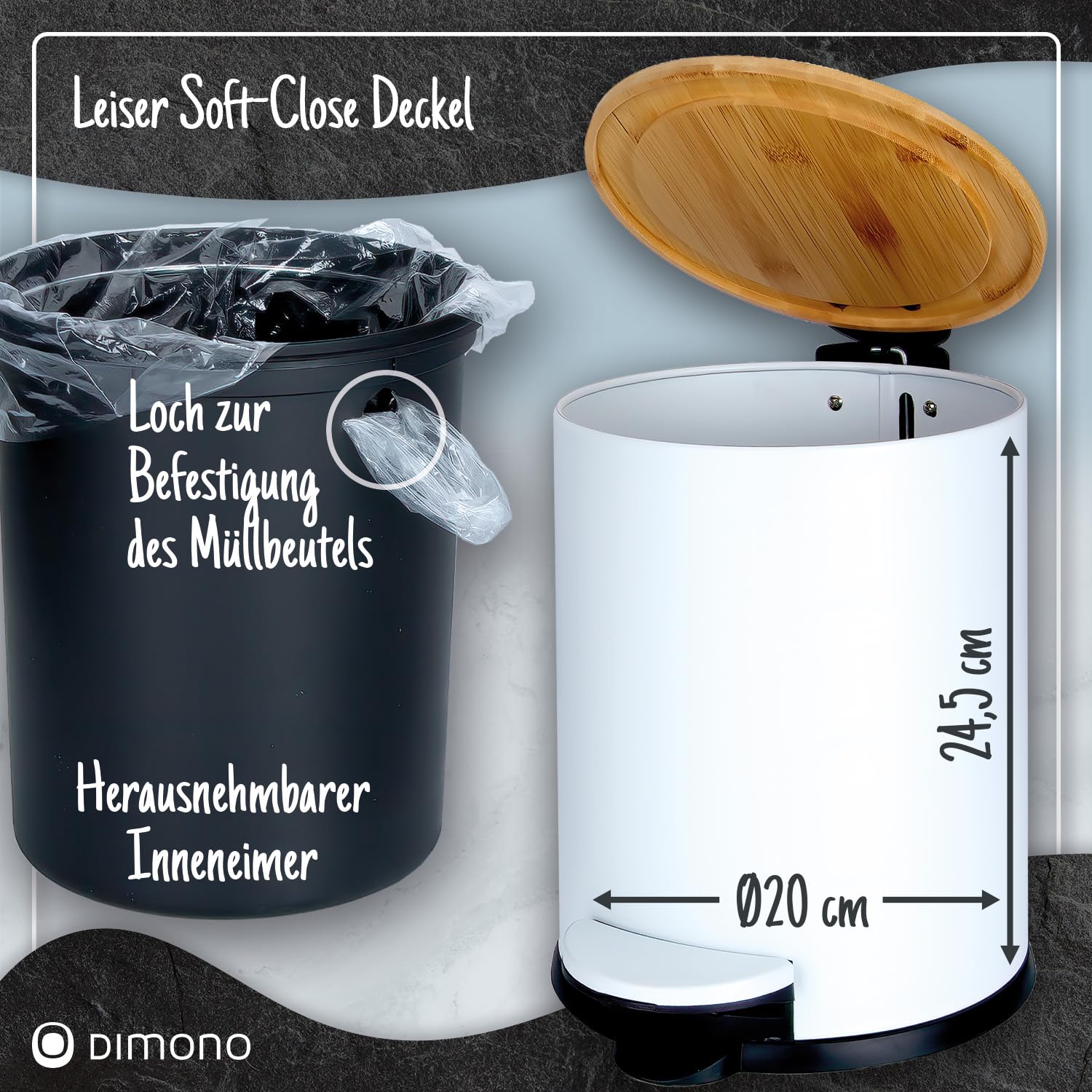 Kosmetikeimer Bambus Weiß - 3L/5L Treteimer mit Soft-Close
