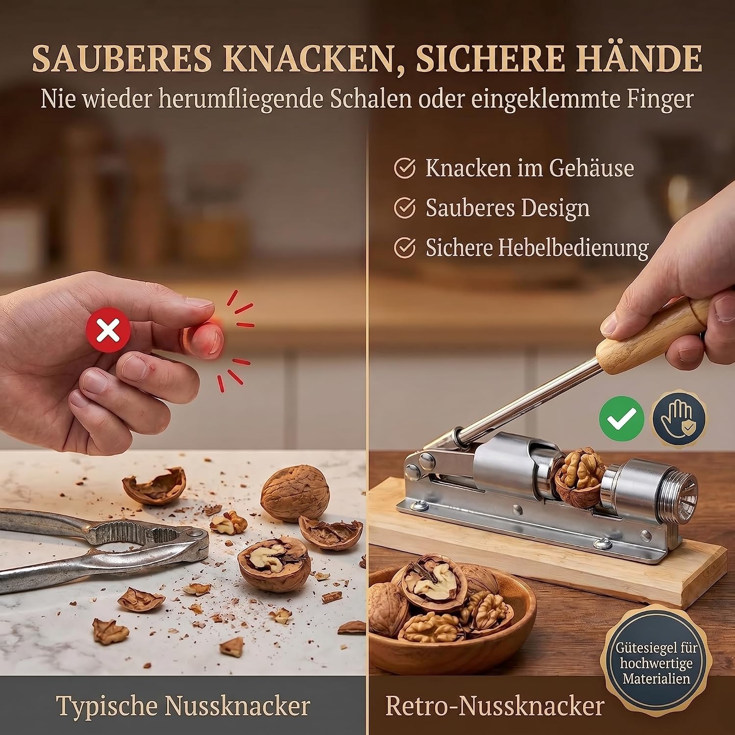 Retro Nussknacker aus Edelstahl mit Hebel-Funktion - Verstellbar