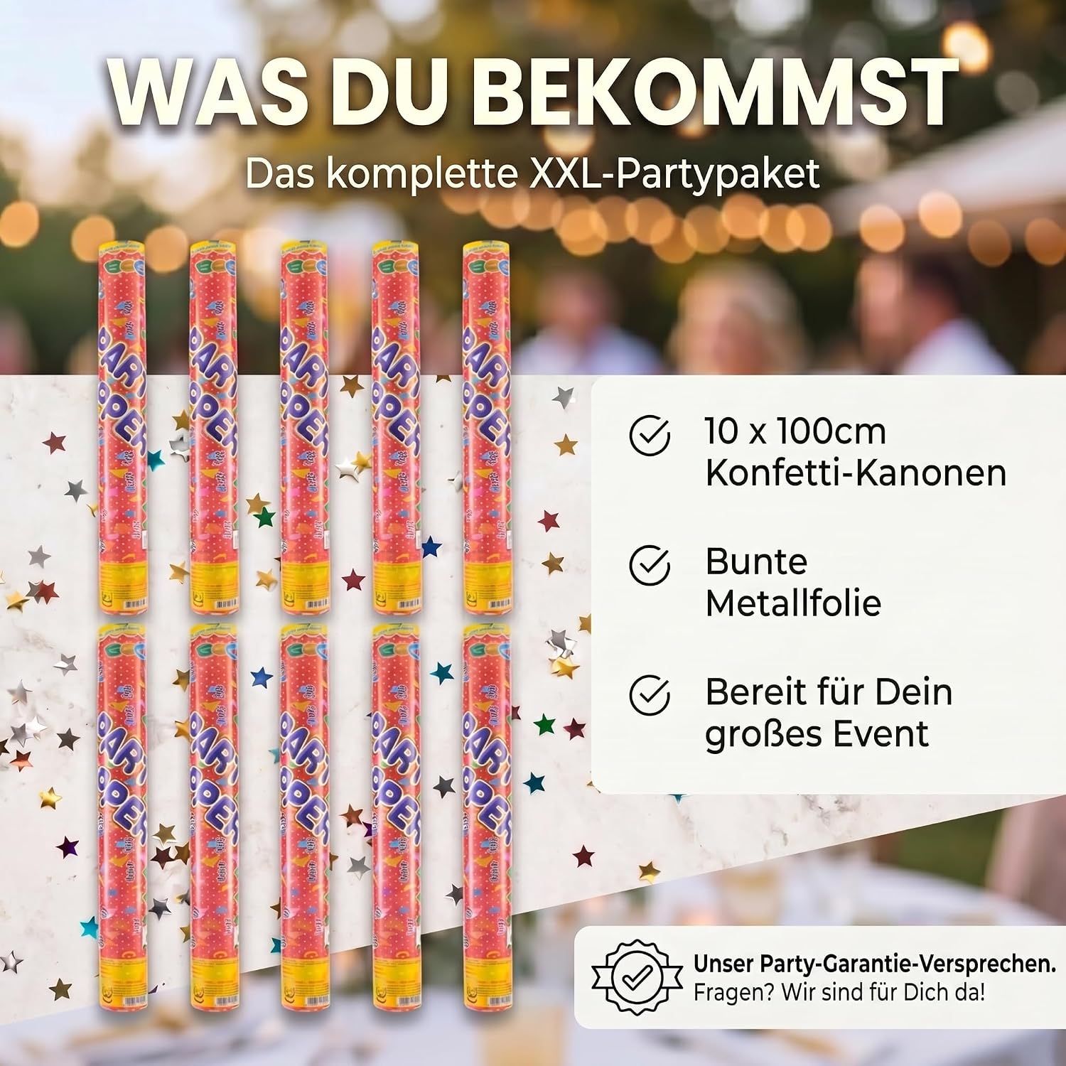 10x Konfettikanone XXL 100 cm – Bunte Sterne Party Popper