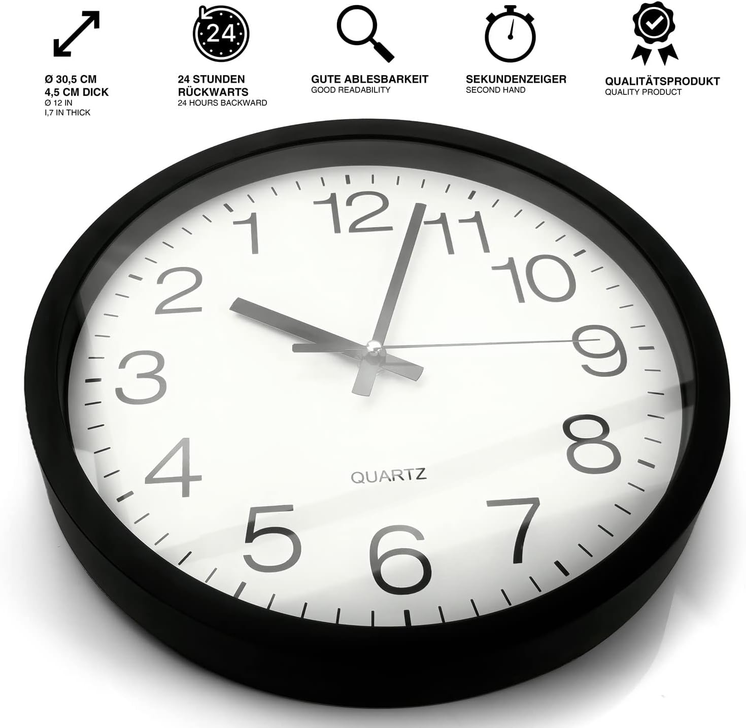 Rückwärts-Wanduhr 30 cm – Witzige Design-Uhr mit lautlosem Uhrwerk