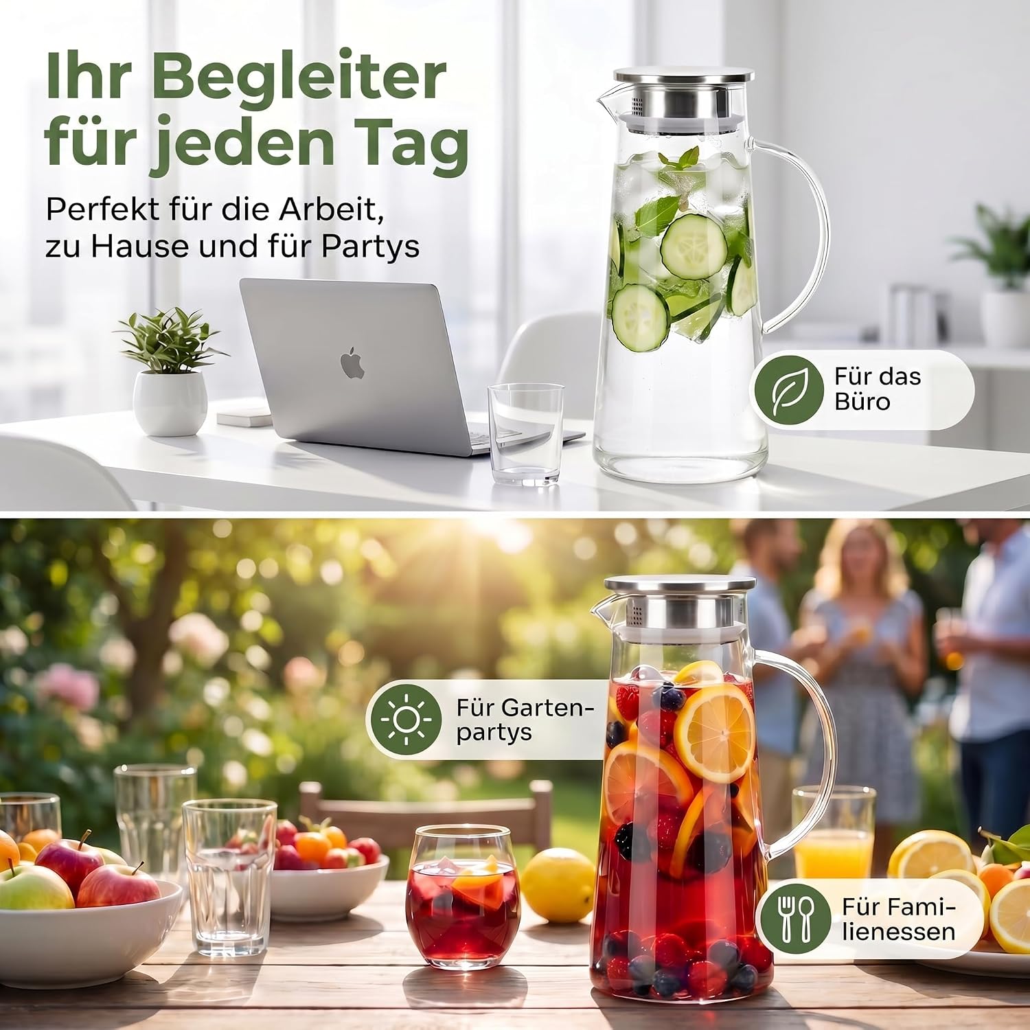 Dimono Glaskrug 1,5L mit Edelstahl-Filter – Hitzebeständige Karaffe