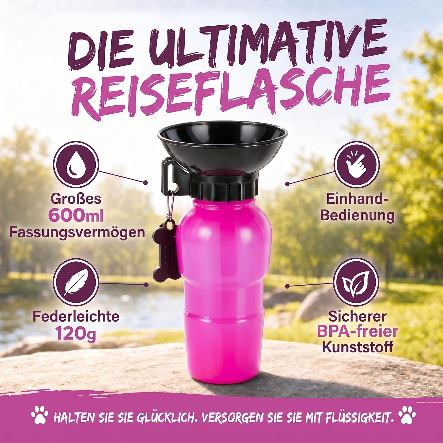 Hunde-Trinkflasche 600ml mit Napf – Auslaufsicher für Unterwegs