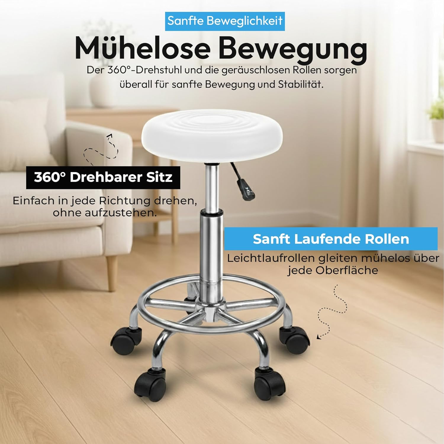 Ergonomischer Rollhocker - Drehbarer Arbeitshocker für Büro & Praxis