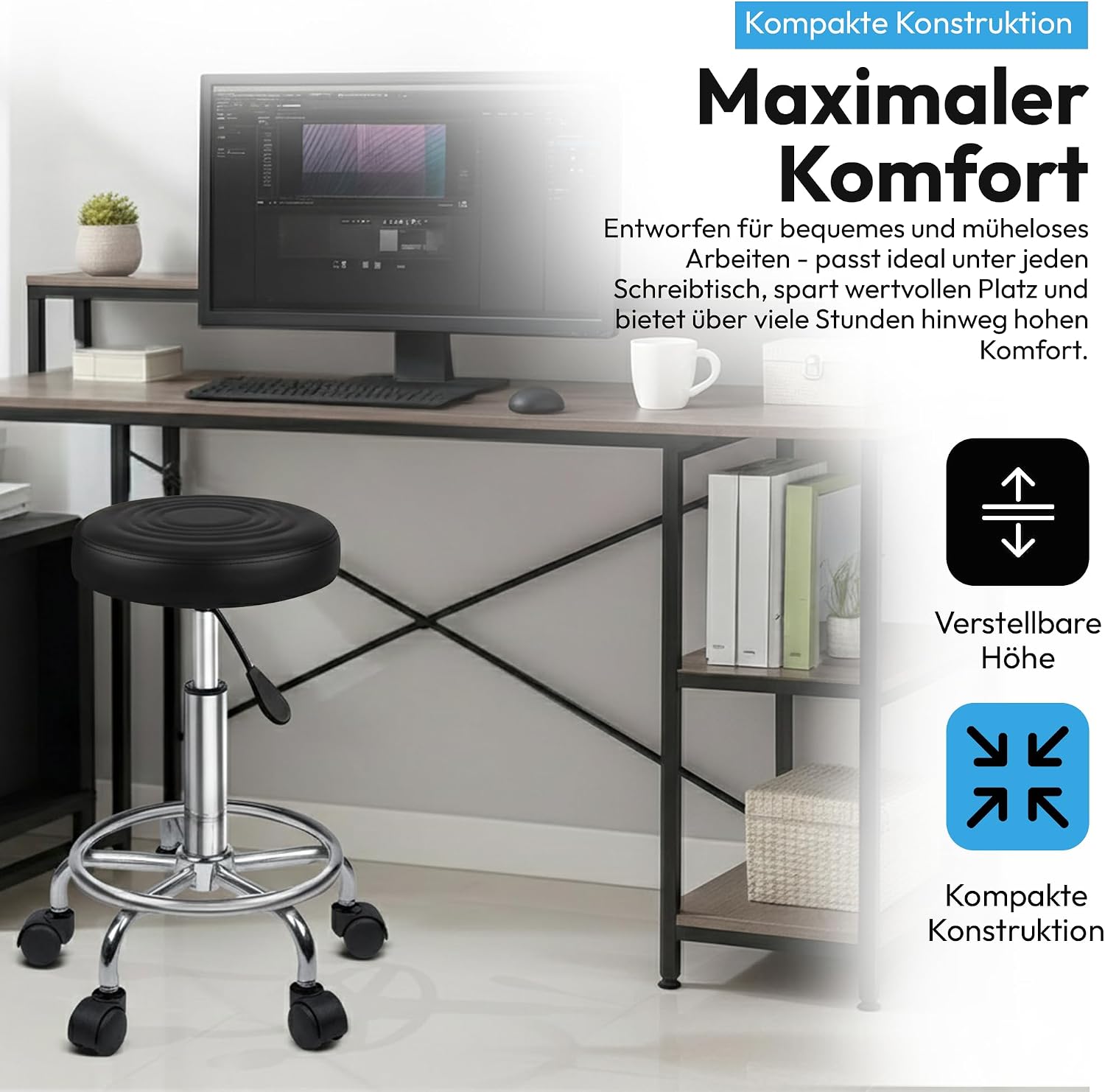Ergonomischer Rollhocker - Drehbarer Arbeitshocker für Büro & Praxis