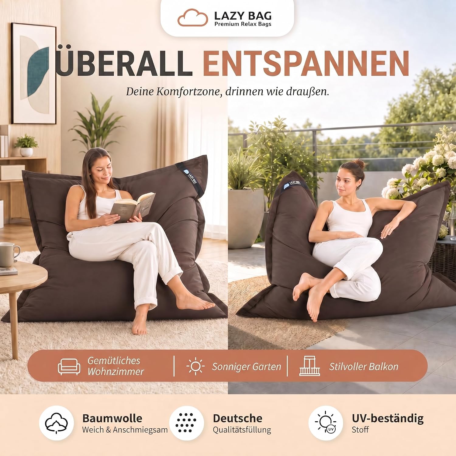 LazyBag XXL Sitzsack 180x140 cm aus Baumwolle – 400L Komfort