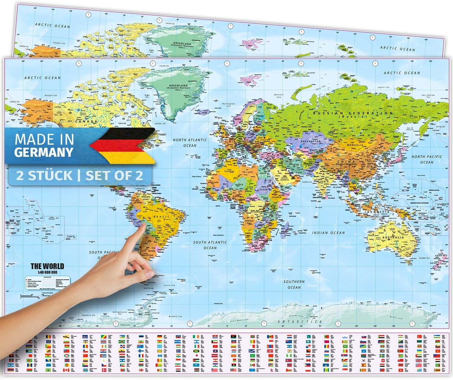 Weltkarte XXL Poster 140x100 cm – Detaillierte Landkarte mit Flaggen