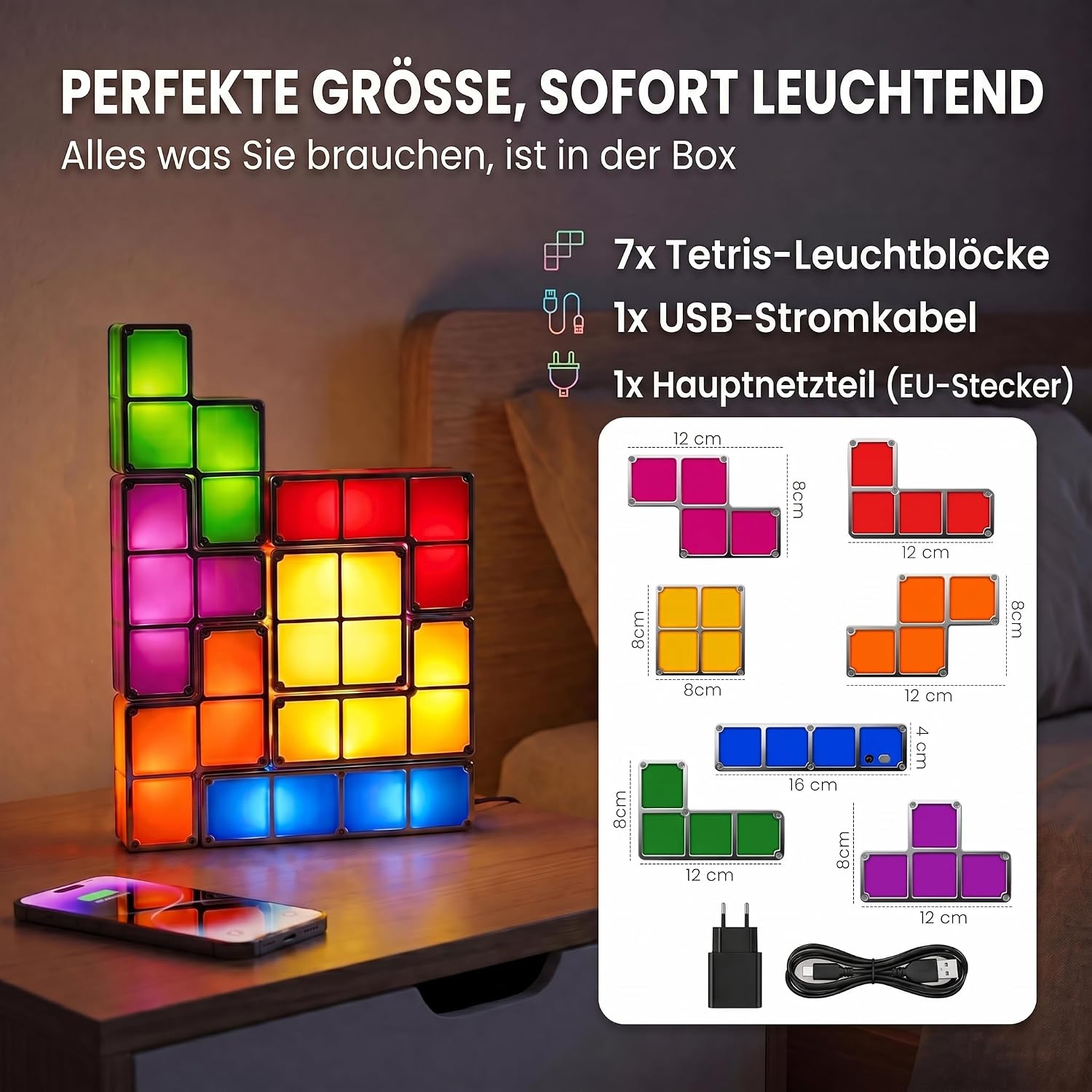 Tetris Lampe – Stapelbare 7-teilige LED-Tischleuchte für Gamer