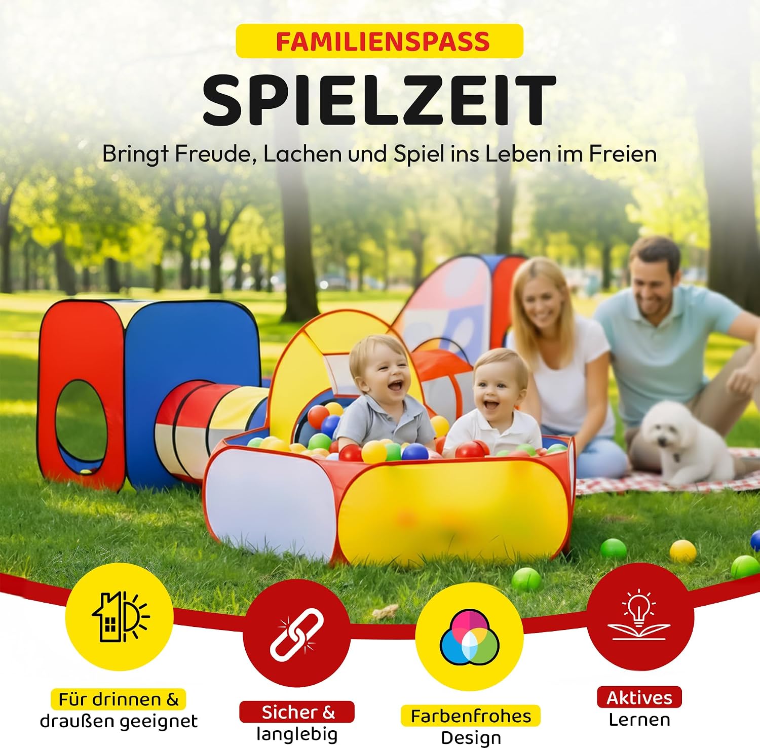 Spielzelt für Kinder mit Tunnel & Bällebad – 5-tlg. Pop-Up Zelt