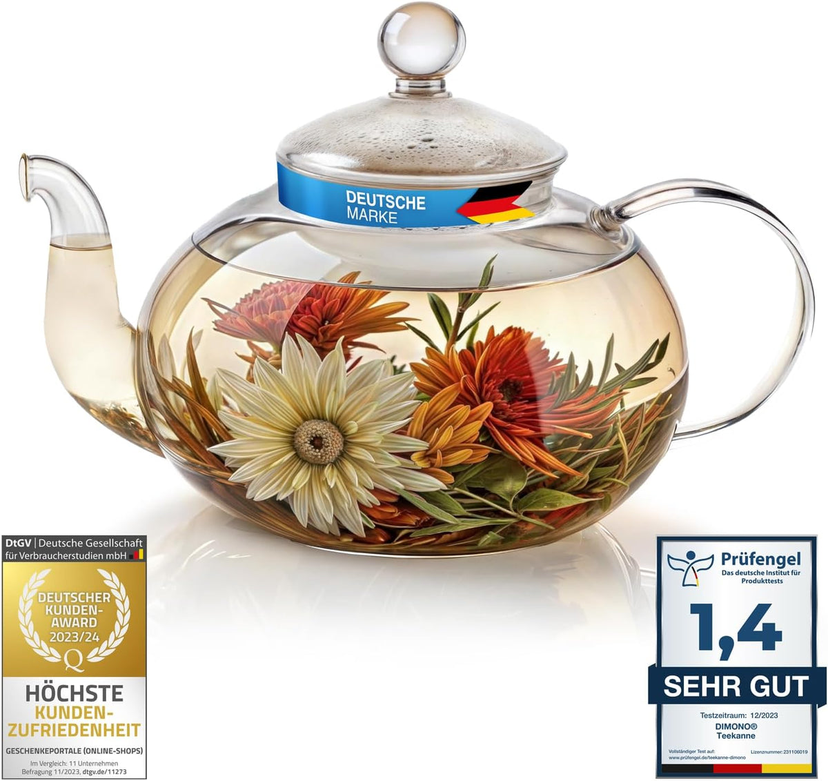 Dimono Teekanne 1500 ml aus Borosilikatglas mit feinem Teesieb