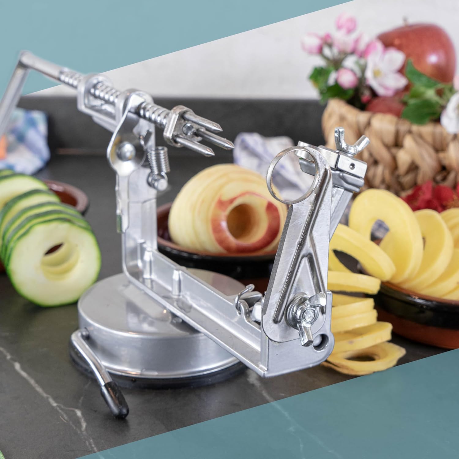 3-in-1 Apfelschäler Edelstahl - Manuelle Kurbel-Schälmaschine
